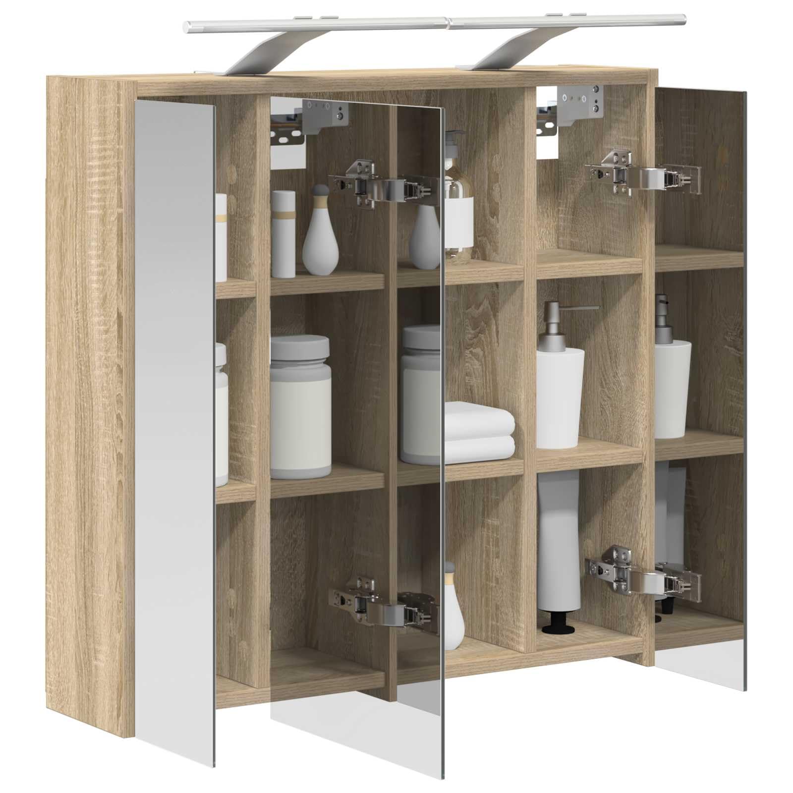 Szafka łazienkowa z lustrem Sonoma dąb z materiału drewnopochodnego 63,5 x 16 x 62,5 cm z regulowanymi półkami, oświetlenie LED, montowana na ścianie, miejsce do przechowywania szafki pod