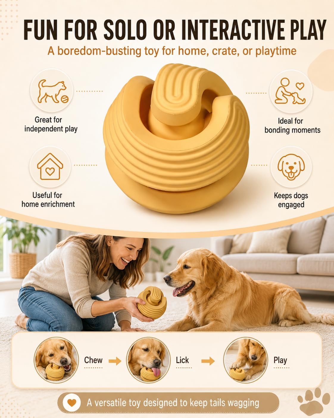 Dog Toy Ball for Aggressive Chewers, Natural Rubber Durable Treat Dispensing Dog Toy with Peanut Butter Grooves, Interactive Dog Puzzle Toy for Boredom, Chew Toy for Medium Large Dogs，Orange