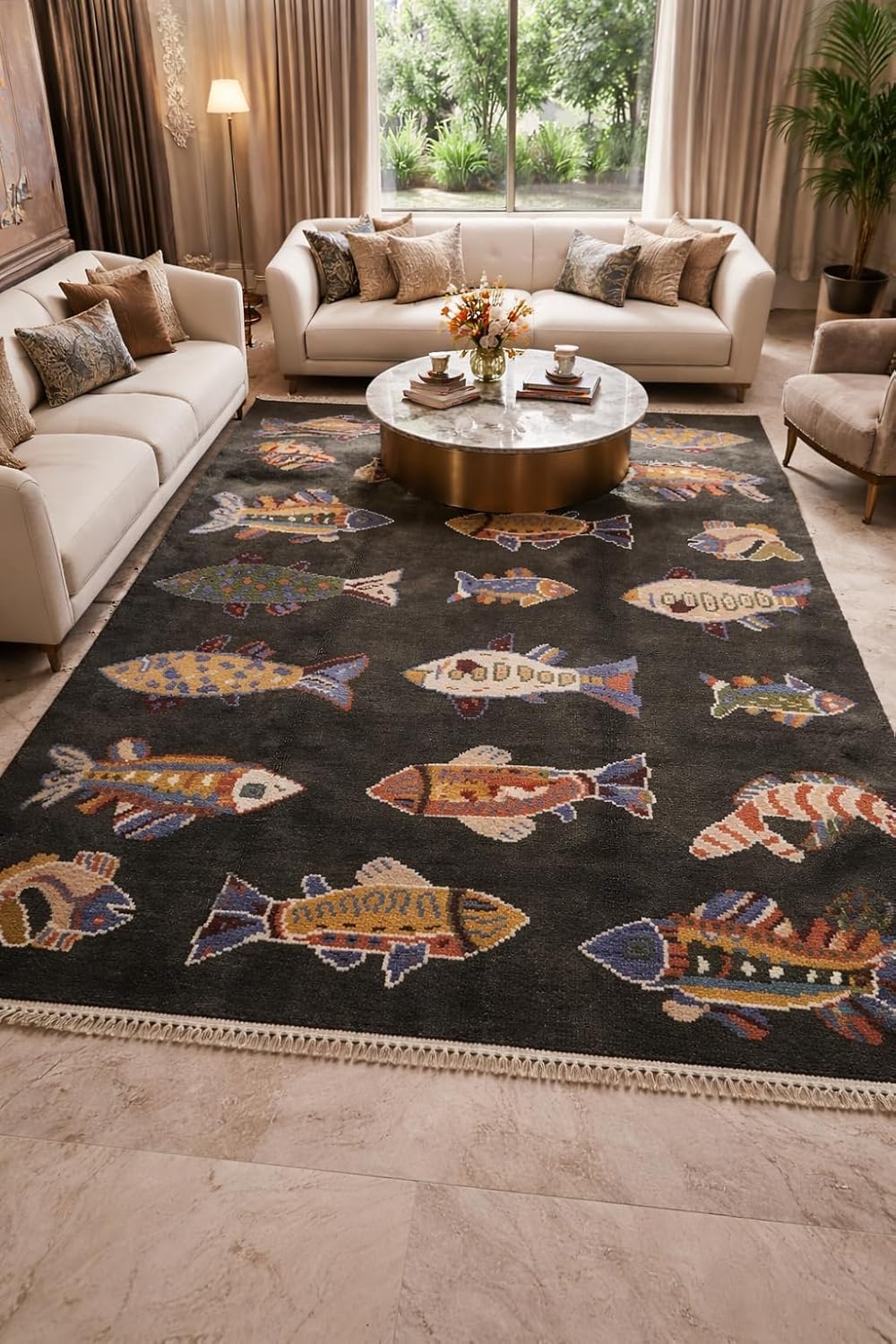 Hand-Knotted Fish Pattern Area Rug, Gray Blue Background, Multicolor Decorative Fish Design, Wool Blend with Fringe (Black, 5 × 7 Feet)