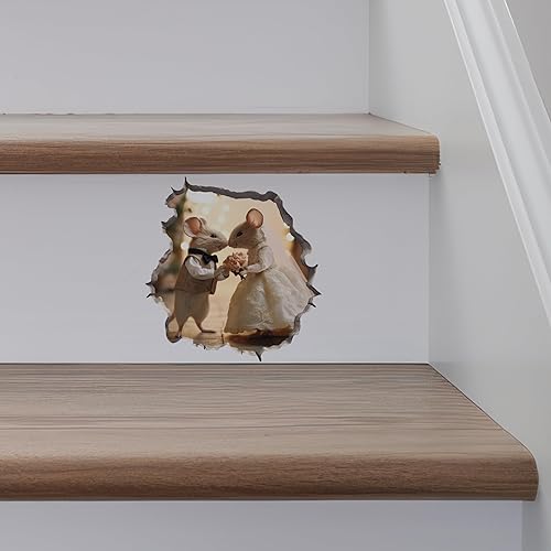 Miniatura 5 de Calcomanía de ratones de novia y novio en agujero de ratón, calcomanía de pared 3D con agujero de ratón