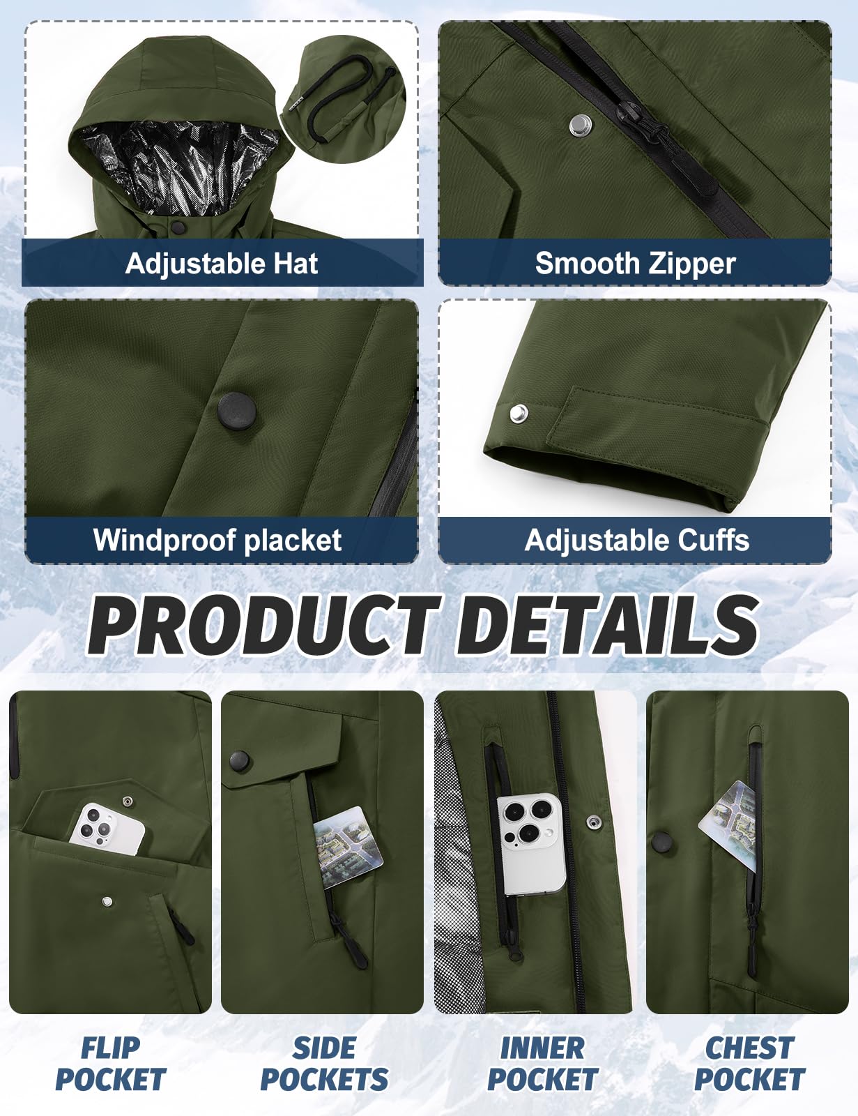 Voqeen Chaqueta de Esqui Hombre Impermeable Cazadora Cálida Aire Libre Térmica Capucha Desmontable Antiviento