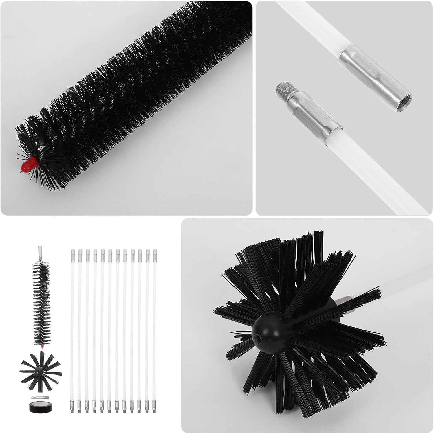 Mobestech 15ft Chimney Cleaning Brush Kit with 4-inch Head, 12-Section 410mm Rods, Hex Connector, and Vent Dryer Duct Brushes for Fireplace and Wood Stove Maintenance