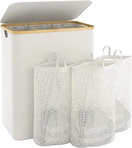 Extra Large 3 Section Dirty Clothes Laundry Basket with Lid, Dirty Clothes Hampers with Removable Bags for bedroom and Laundry Room, Beige