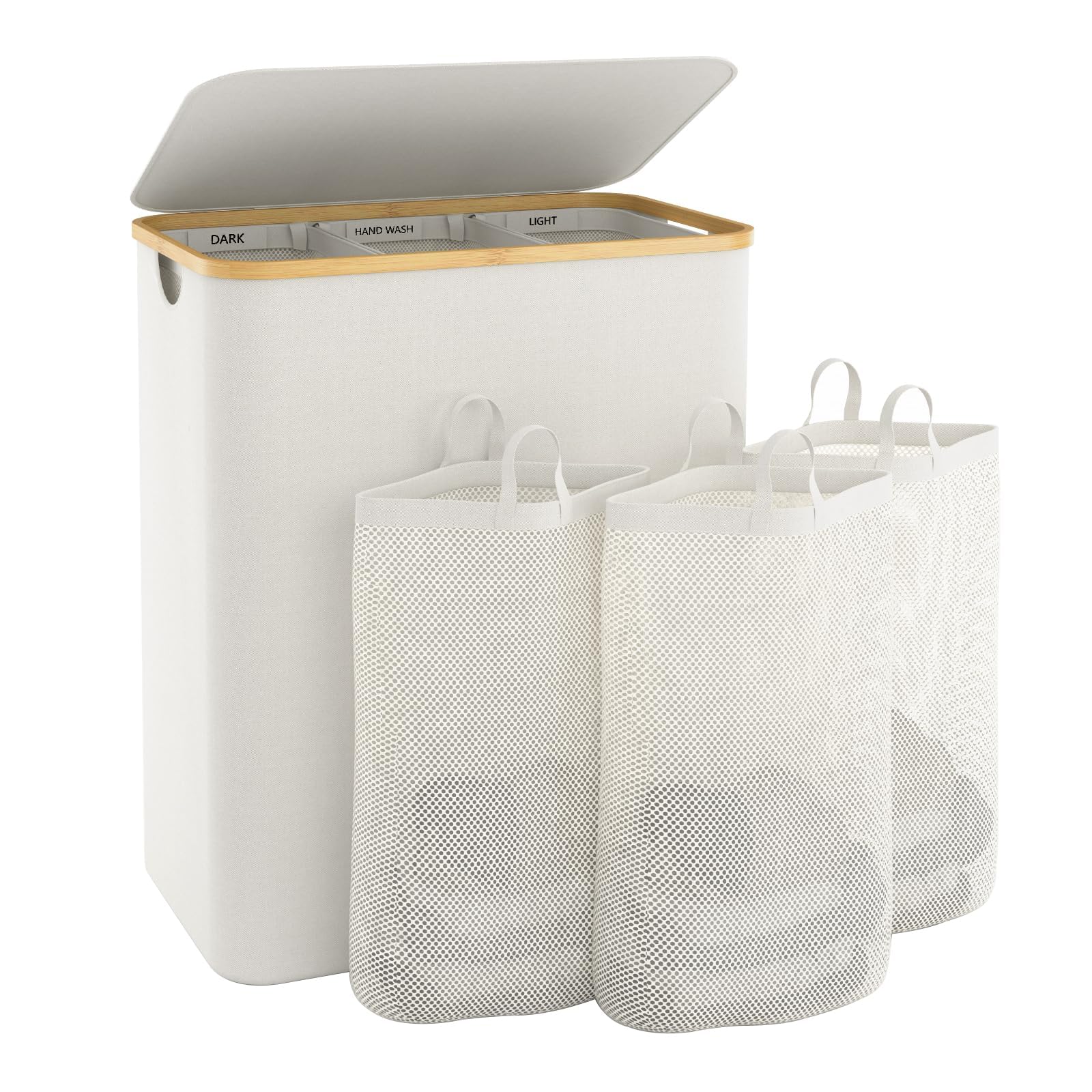 Extra Large 3 Section Dirty Clothes Laundry Basket with Lid, Dirty Clothes Hampers with Removable Bags for Bedroom and Laundry Room, Beige