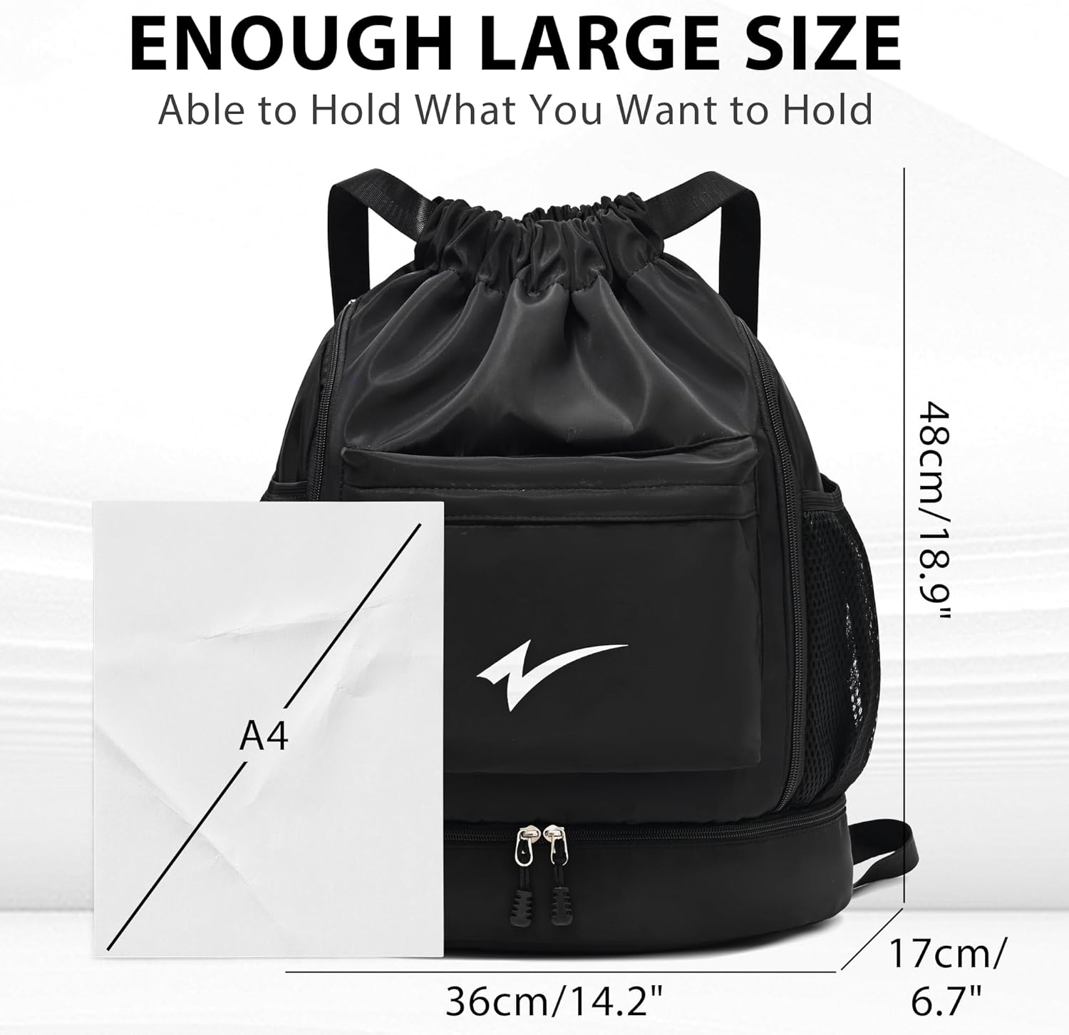 Sport Drawstring Backpack, Gym Bag with Mesh Side Pockets and Separate Shoe Compartment, Water-Resistant (Black)