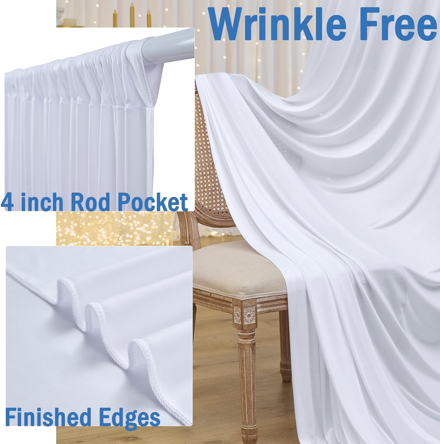 30ftx12ft Wrinkle Free White Backdrop Curtains for Parties, 6 Panels 5x12FT Long Silky Polyester White Photo Backdrop Drapes Back Drop Cloth for Wedding Birthday Photography Background Decor
