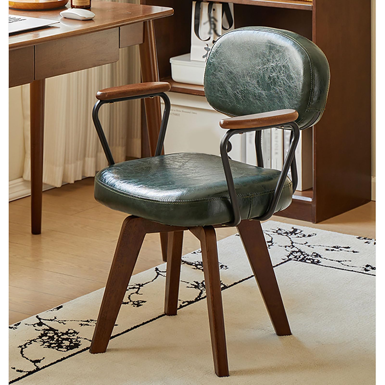 Sedia da scrivania girevole moderna di metà secolo – poltrona imbottita in ecopelle con gambe in rovere, senza ruote, perfetta per ufficio, soggiorno, sala da pranzo, elegante e confortevole