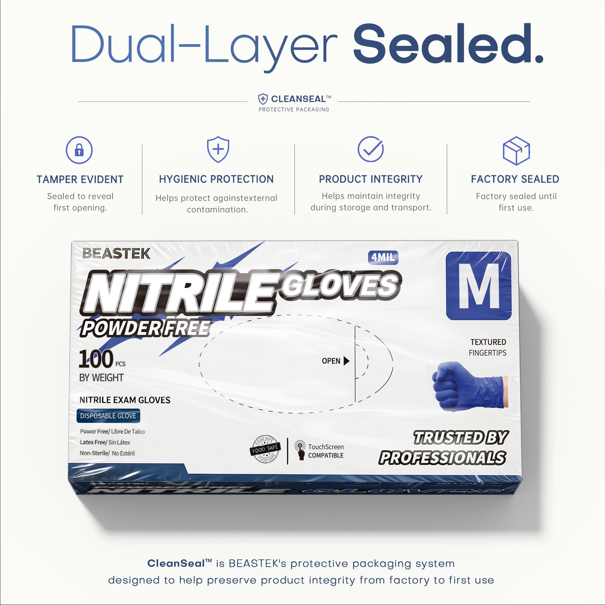 Beastek Guantes de examen de nitrilo, 4.0 mil, 100 unidades, sin polvo, sin látex, guantes desechables de cocina médica, aptos para alimentos, azul violeta (mediano)