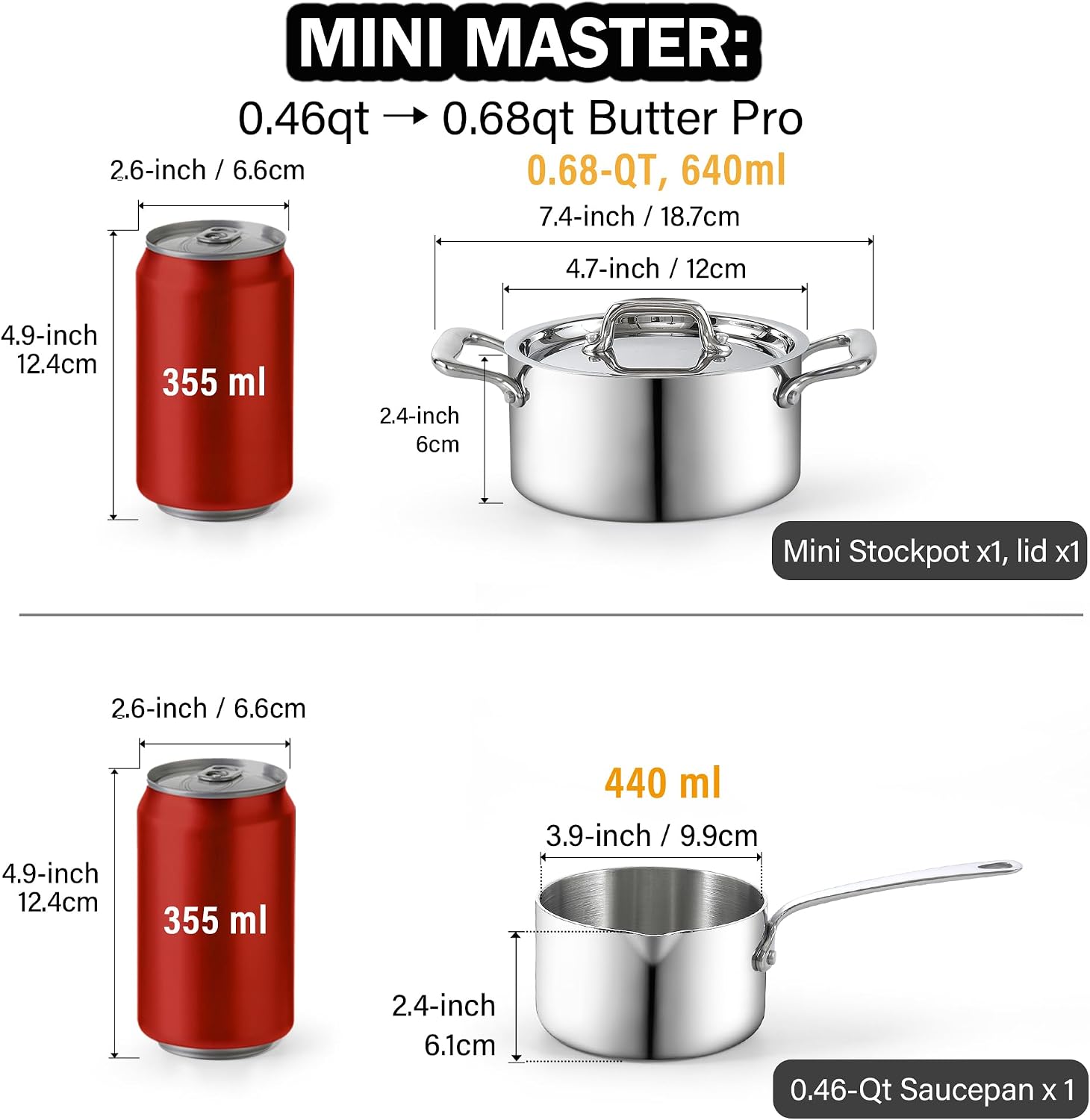 Cooks Standard Stainless Steel Butter Warmers Pot Set, Multi-Ply Clad Stainless Steel 0.46 QT, 0.68 Small Sauce Pot, Mini Butter Chocolate Milk Melting Pot, 3 Pieces