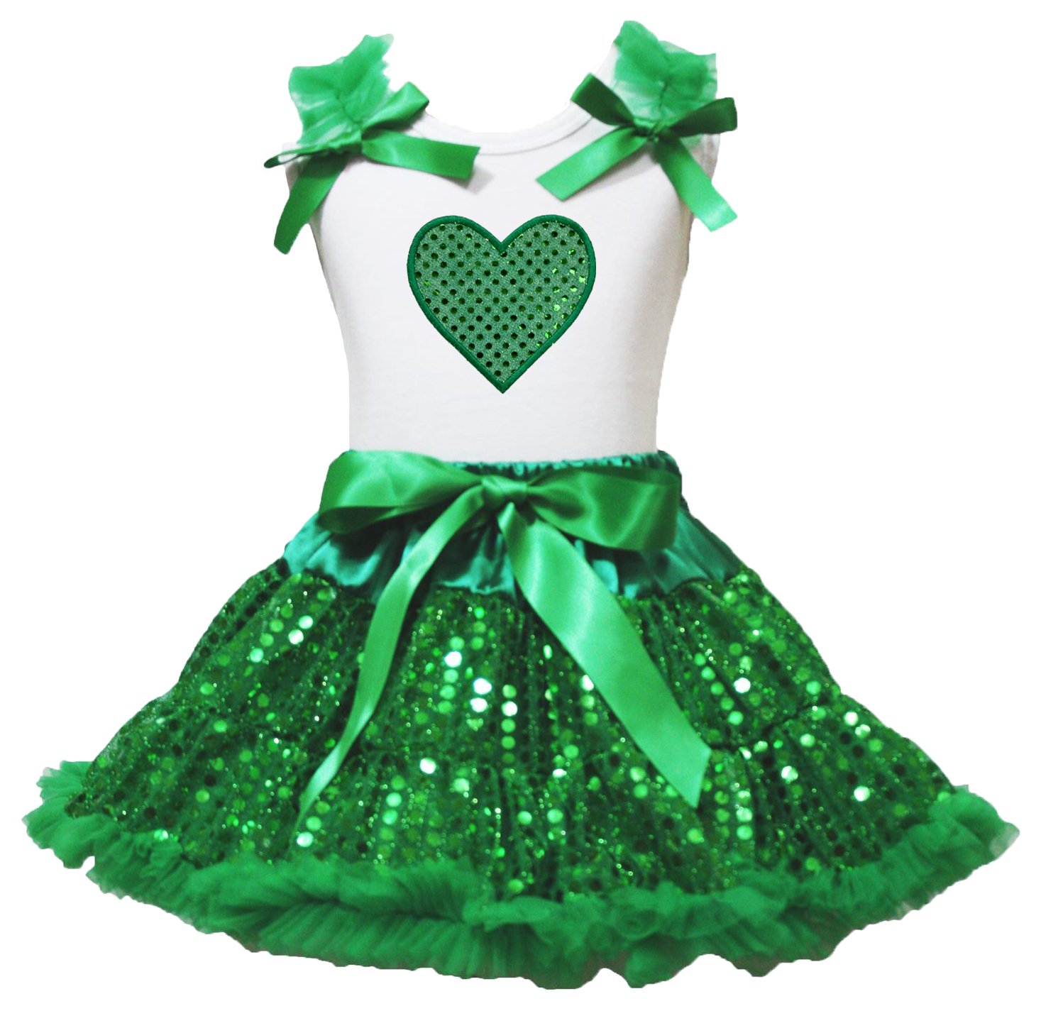 Camiseta de niña con corazón blanco y lentejuelas Bling más conjunto de falda verde pettiskirt 2