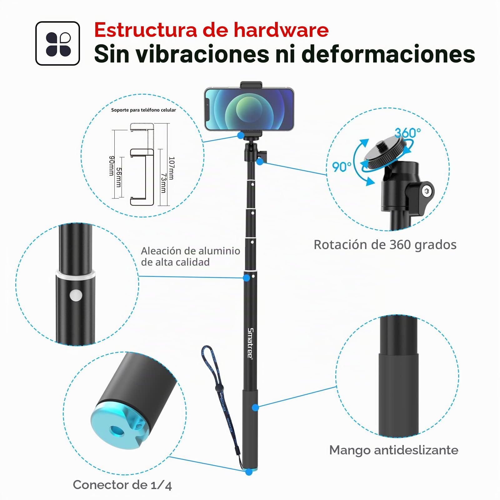Smatree SmaPole Extensable Selfie Stick, pértiga telescópica para GoPro Fusion, GoPro Hero 13/12/11/10/9/8/7/6/5/4/3/2/1/Session y dji Osmo Action 3/2(Versión extendida 43-221cm)