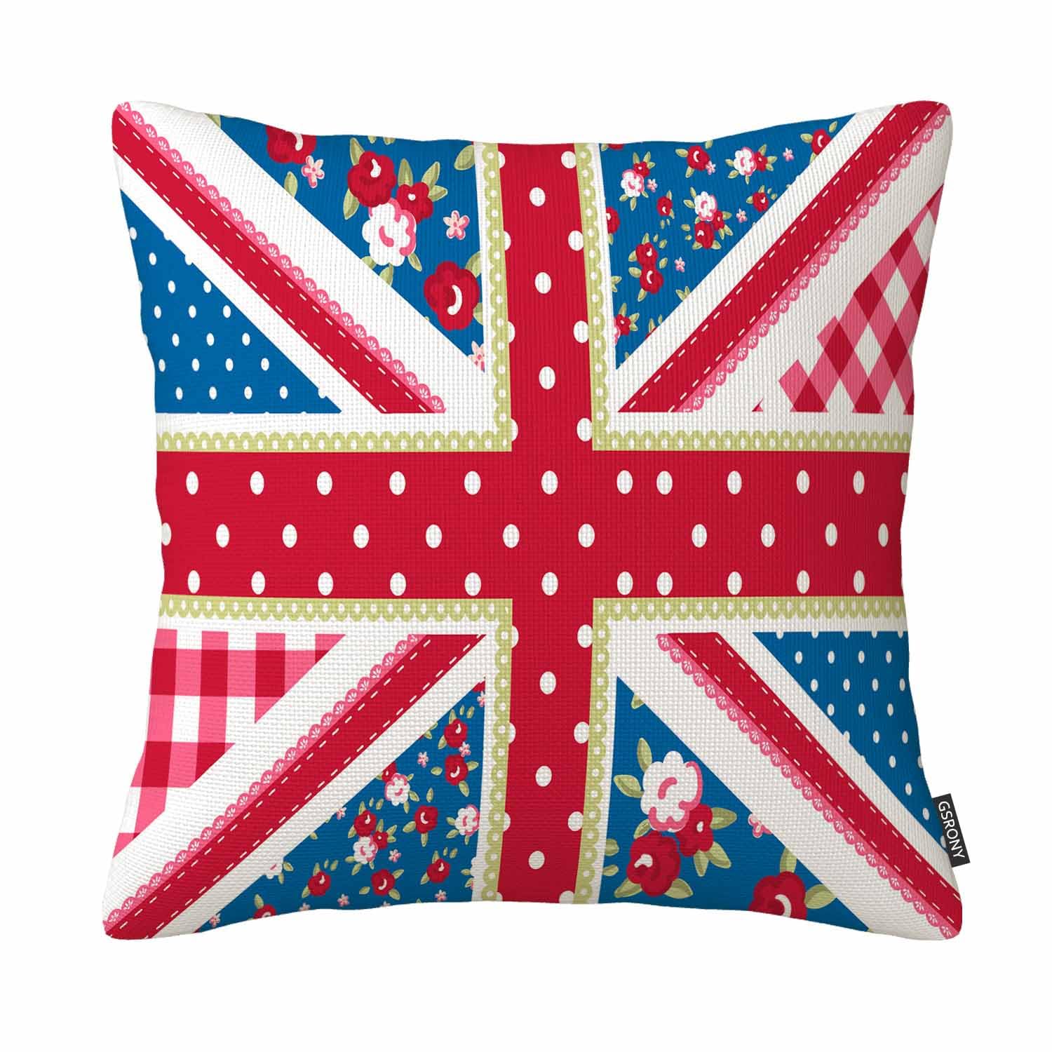 Gsrony Teal British Flag Decorative Pillowcase Cute England Flag Chic Floral Zippered Throw Pillow Cover 18X18 Inch (Twin Sides)