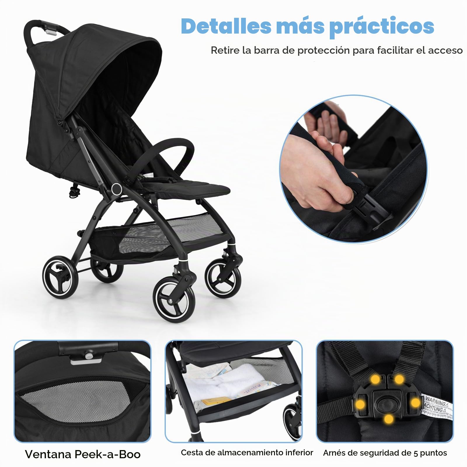 LIFEZEAL Cochecito de Bebé Plegable, Silla de Paseo Ligera con Respaldo Reclinable 150°-180°, Cochecito de Bastón con Toldo Ajustable, Arnés de Seguridad de 5 Puntos, Capacidad para 15 Kg (Negro)
