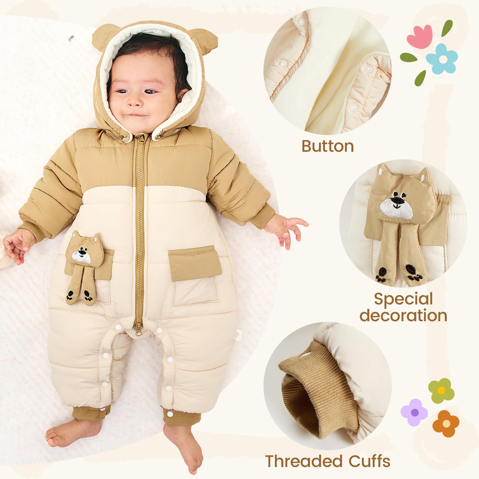 JiAmy Tuta da neve per bambini, calda tuta invernale con cappuccio, in pile spesso, a maniche lunghe, per bambini, 6-24 mesi