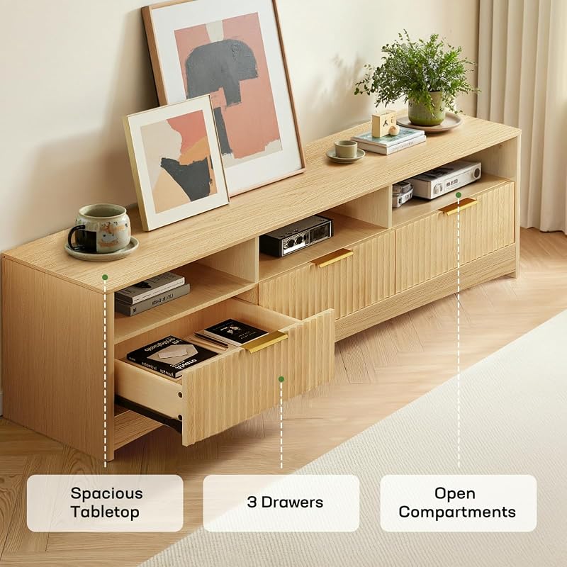 Marsail Fluted TV Stand for 65 inch TV, Modern Entertainment Center with Drawers, Boho TV Stands Wood Media Console Cabinet with Storage and Shelves, TV Consoles for Living Room, Bedroom, Oak image 5