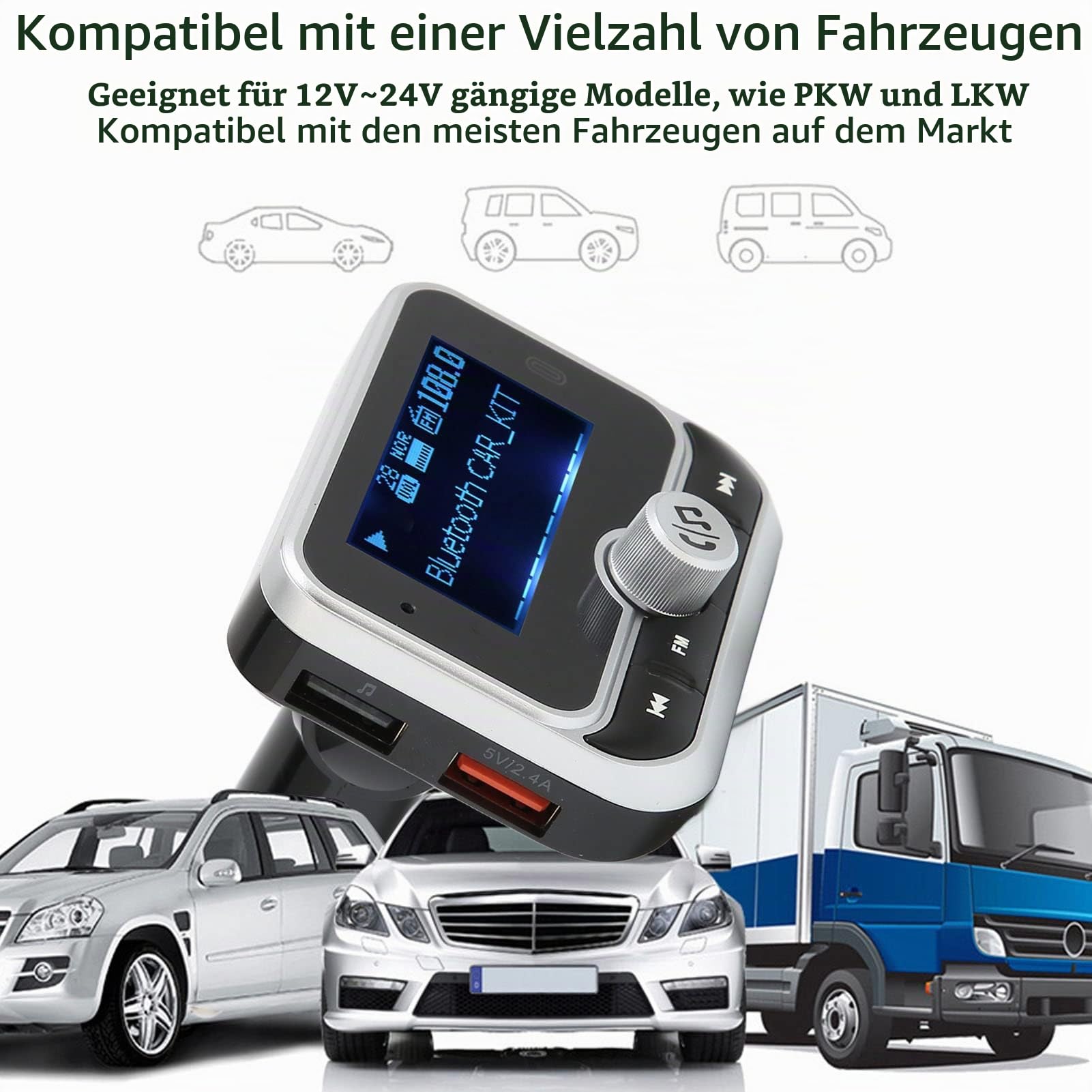 Bewinner Bluetooth-FM-Transmitter für das Auto, Drahtloser Bluetooth-FM-Radioadapter mit 1,8-Zoll-Bildschirm, 2 USB-Ports, Autoladegerät, Musik-Player-Kfz-Kit