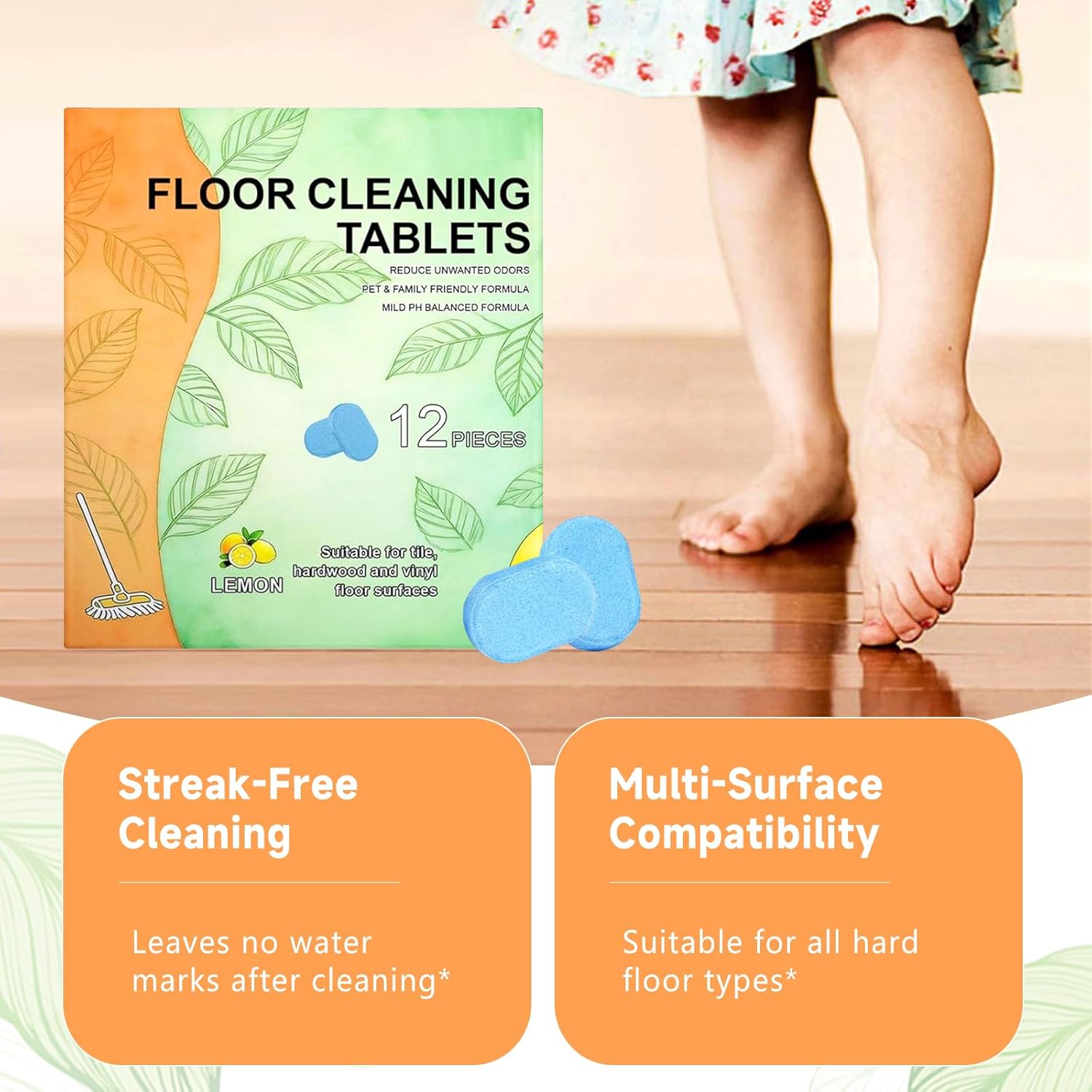Floor Cleaner Tablets Hard Floor Cleaner Tablets, Pre-Measured Dissolvable Cleaning Solution for Tile, Vinyl, Hardwood, Fresh Lemon Scent, Compatible with Robot Mops & Wet/Dry Vacuums (24pcs)