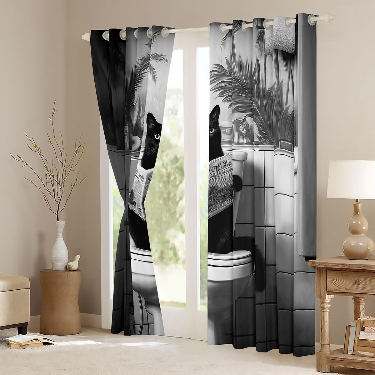 Feelyou Black and White Curtains for Bedroom Living Room Funny Black Cat Blackout Shades Kawaii Room Darkening Curtain Cute Animal Window Treatments, 2 Panels 38 x 45 Inch Cartoon Decor image 3