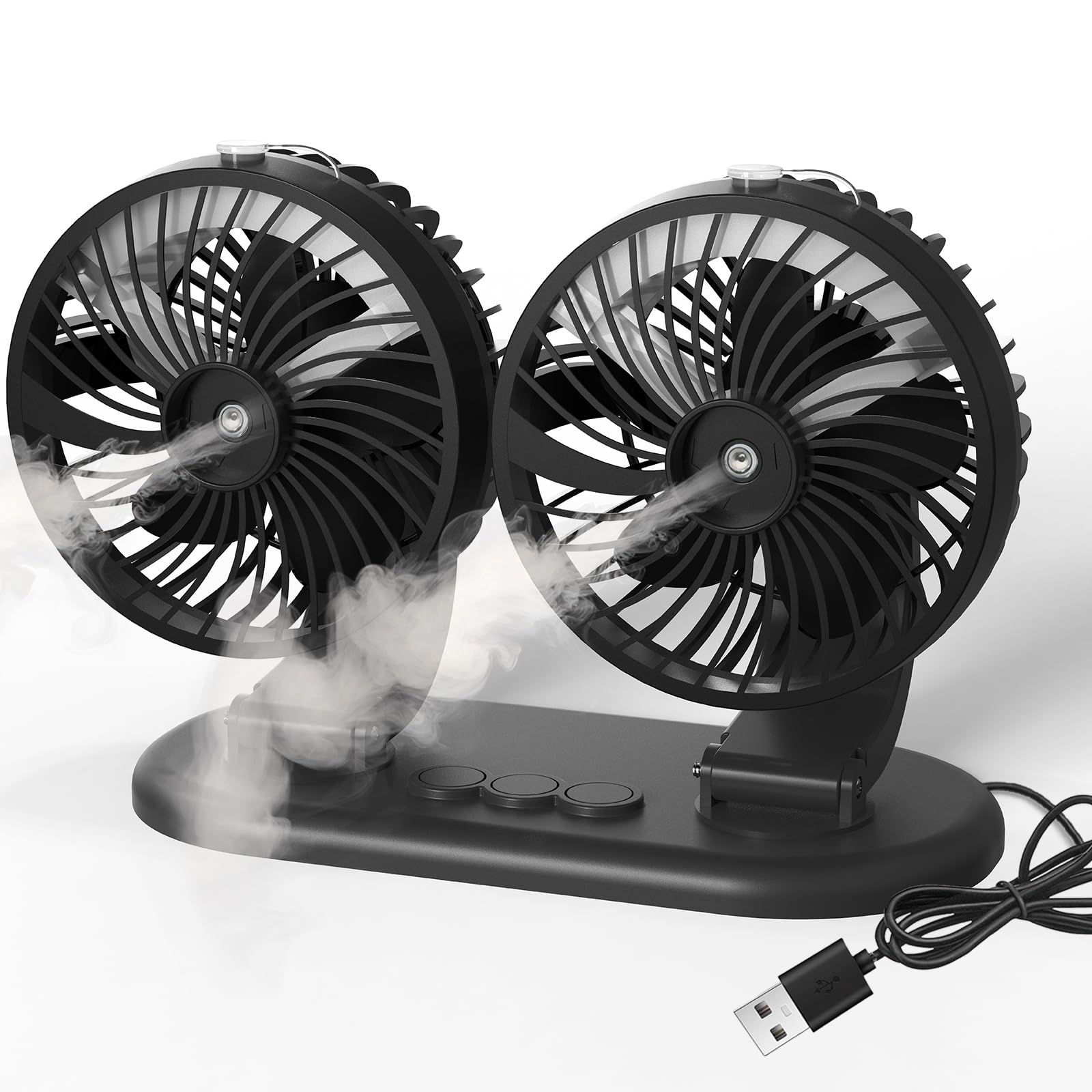 Photo 1 of XKV Car Fan 5V Portable Auto Cooling Misting Fan Dual Head Rotatable USB Vehicle Fans 2 Speeds Strong Wind Electric Air Circulation Fans for Car Dashboard Truck SUV Sedan RV Van Boat Golf Cart