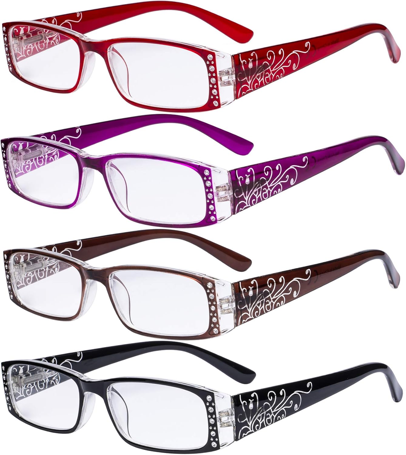 Eyekepper 4 Pack Ladies Laser Pattern Reading Glasses - Floral Pattern Readers with Crystals for Women Reading +0.50