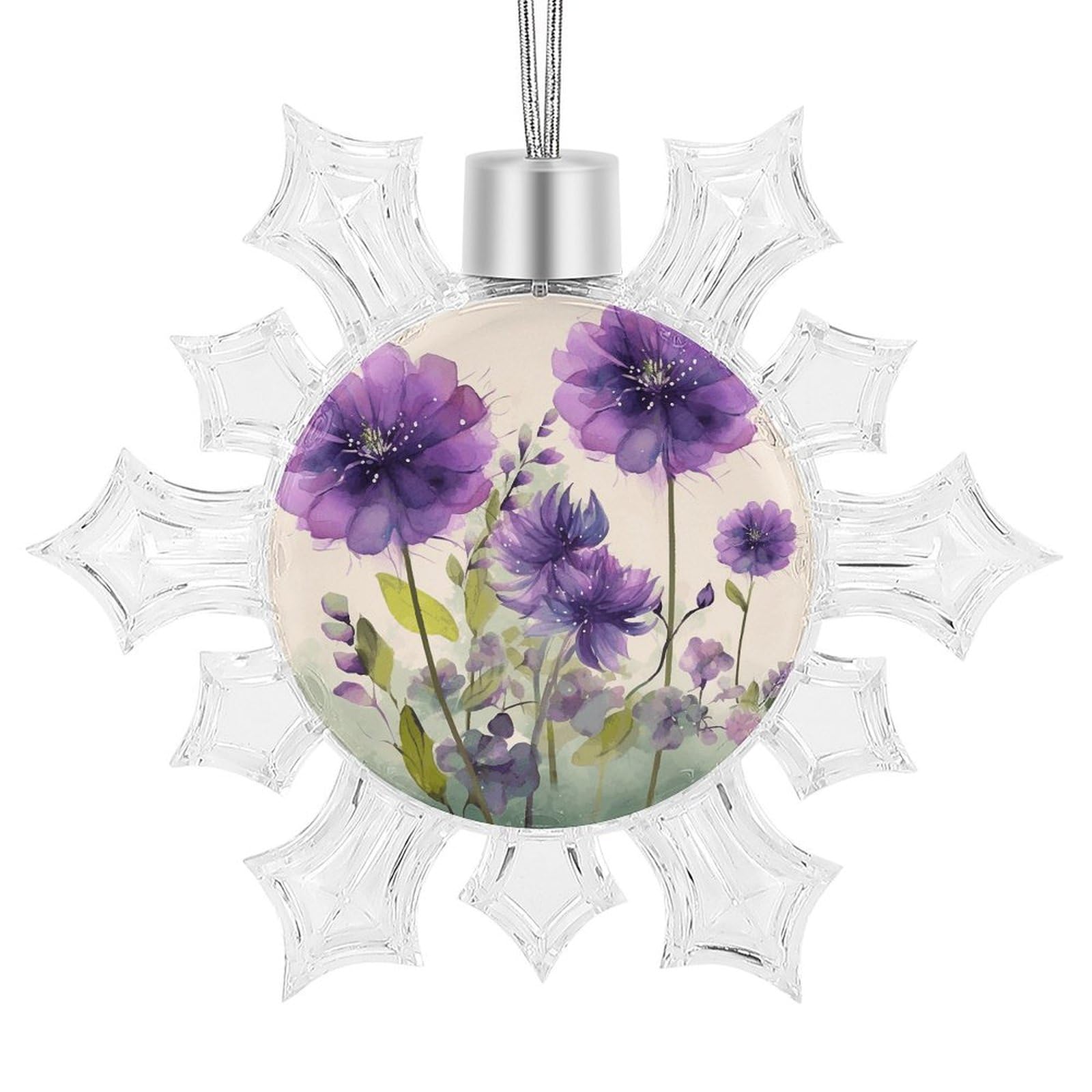 Snowflake Christmas Tree Ornaments,Watercolor Style Purple Flowers Printed Snowflake Pendants Xmas Trees Hanging Ornaments for Christmas Tree Home Decoration