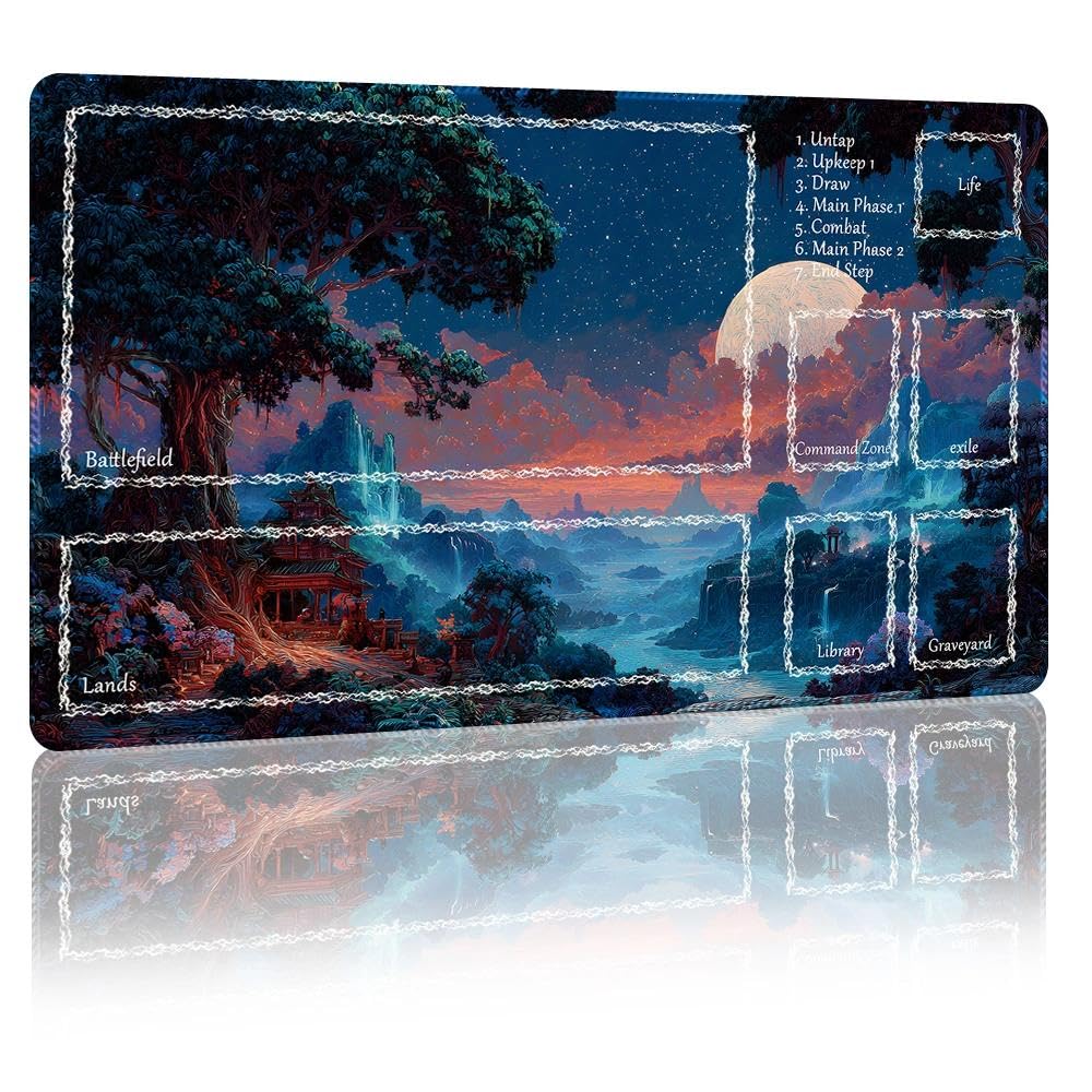 DUNQEO Fantasy Game Mat Compatible with MTG, TCG – 24”x14” Playmat with Stitched Edges for Trading Card Games, Board Games & Desk Use(Moonvale,with Game Zones)