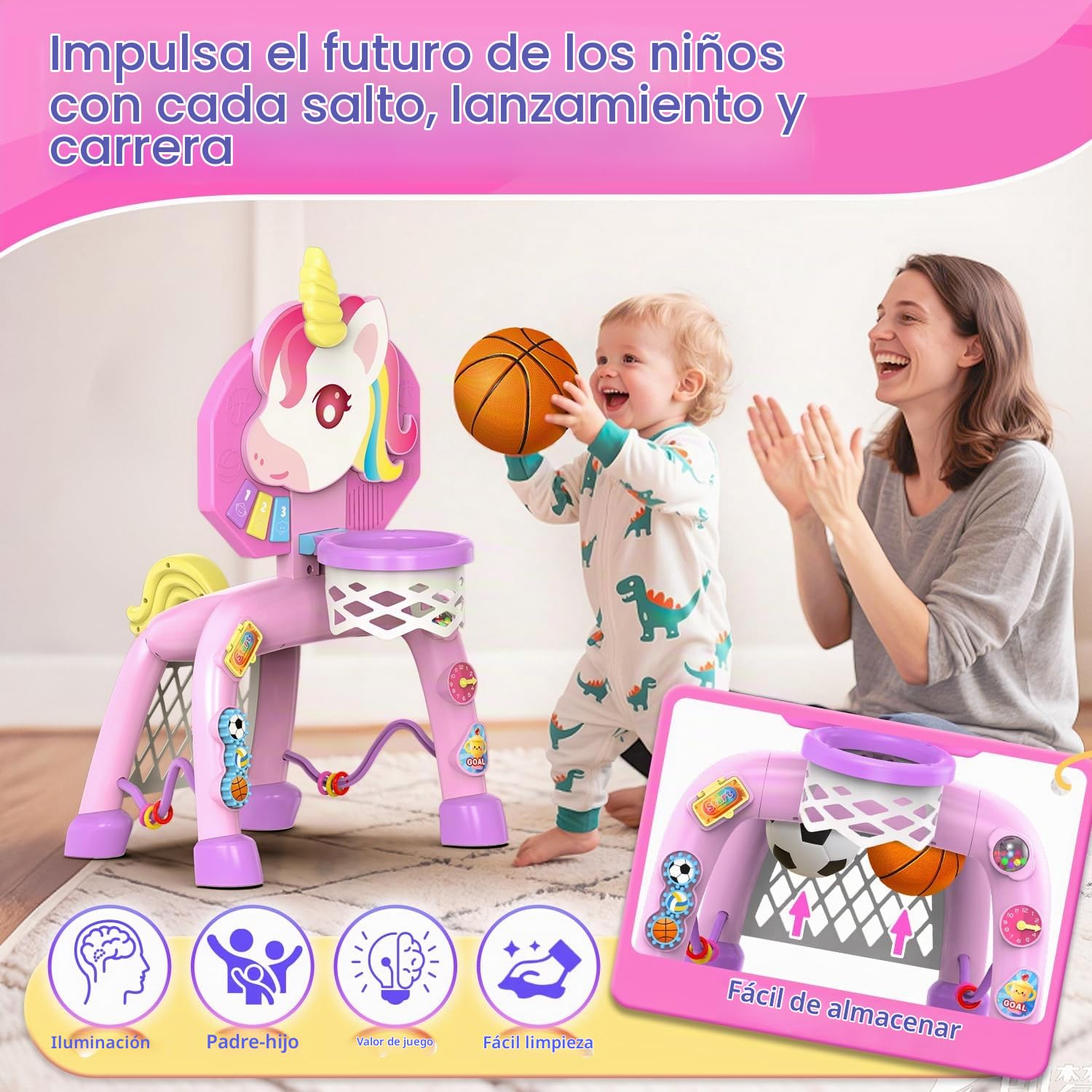 POPERFUN Canasta Baloncesto Infantil y Porteria Futbol Niños para Niñas de 1-3 Años, Mini Canasta Baloncesto con Luces y Música para Bebés de 12-18 Meses, Regalos de Cumpleaños de Navidad