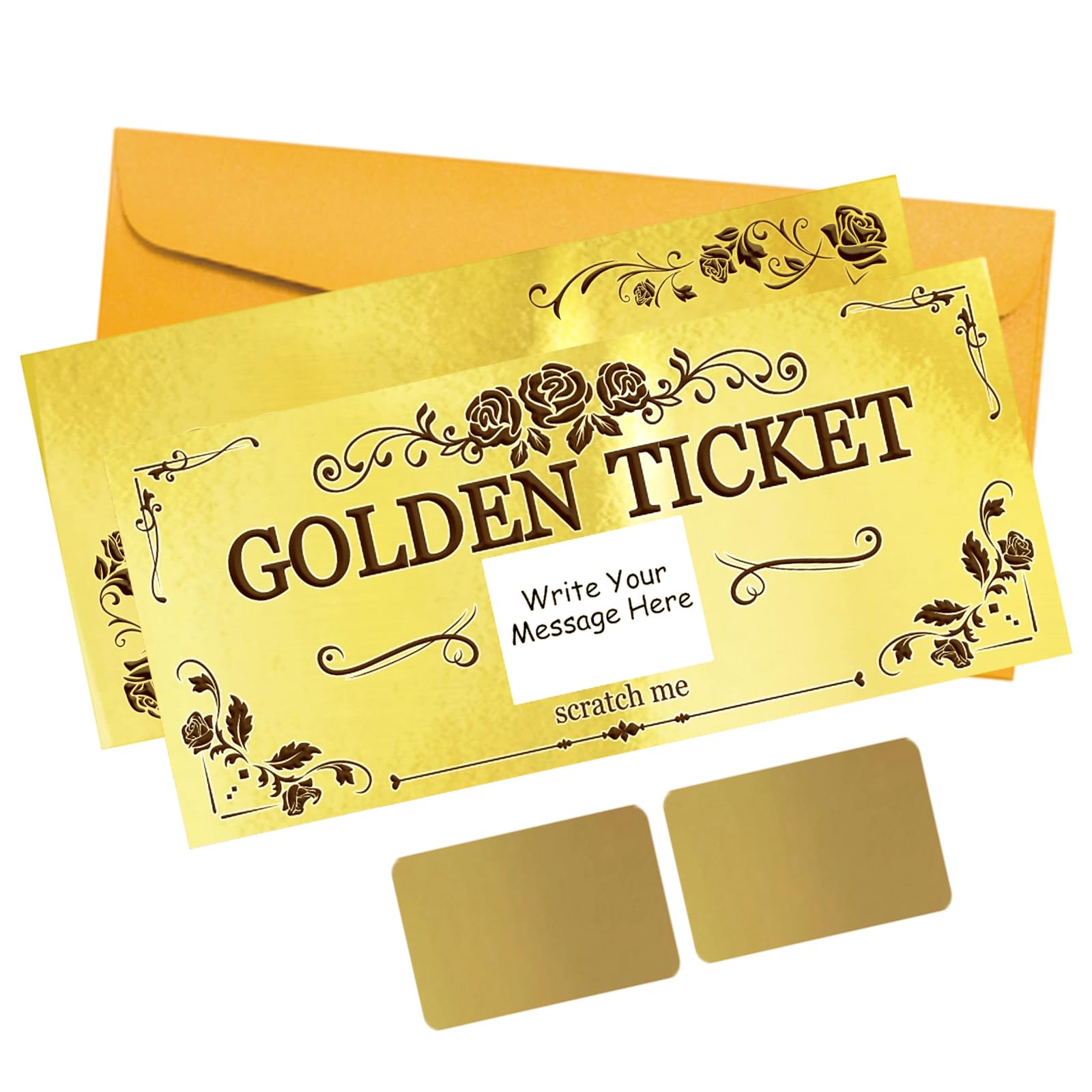 PLIGREAT 2 Pack Rose Golden Ticket, Scratch Off Cards with Envelopes Double Print Surprise Reveal Card DIY Coupon Cards for Birthday, Holiday, Voucher Raffle Gift, Party Supplies