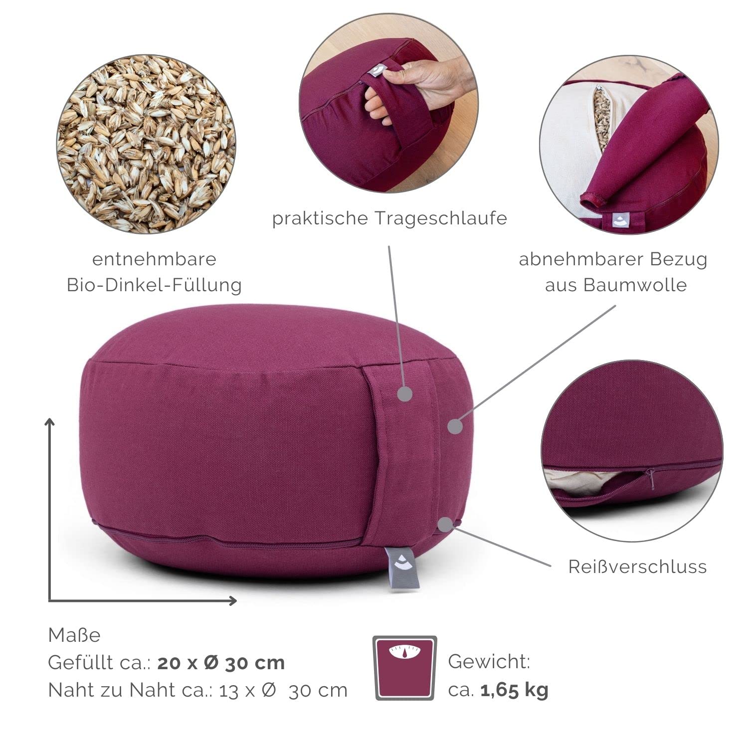 Bodhi Yoga - Cuscino da meditazione "Rondo Basic", con rivestimento removibile, dimensioni: 28 x 17 cm