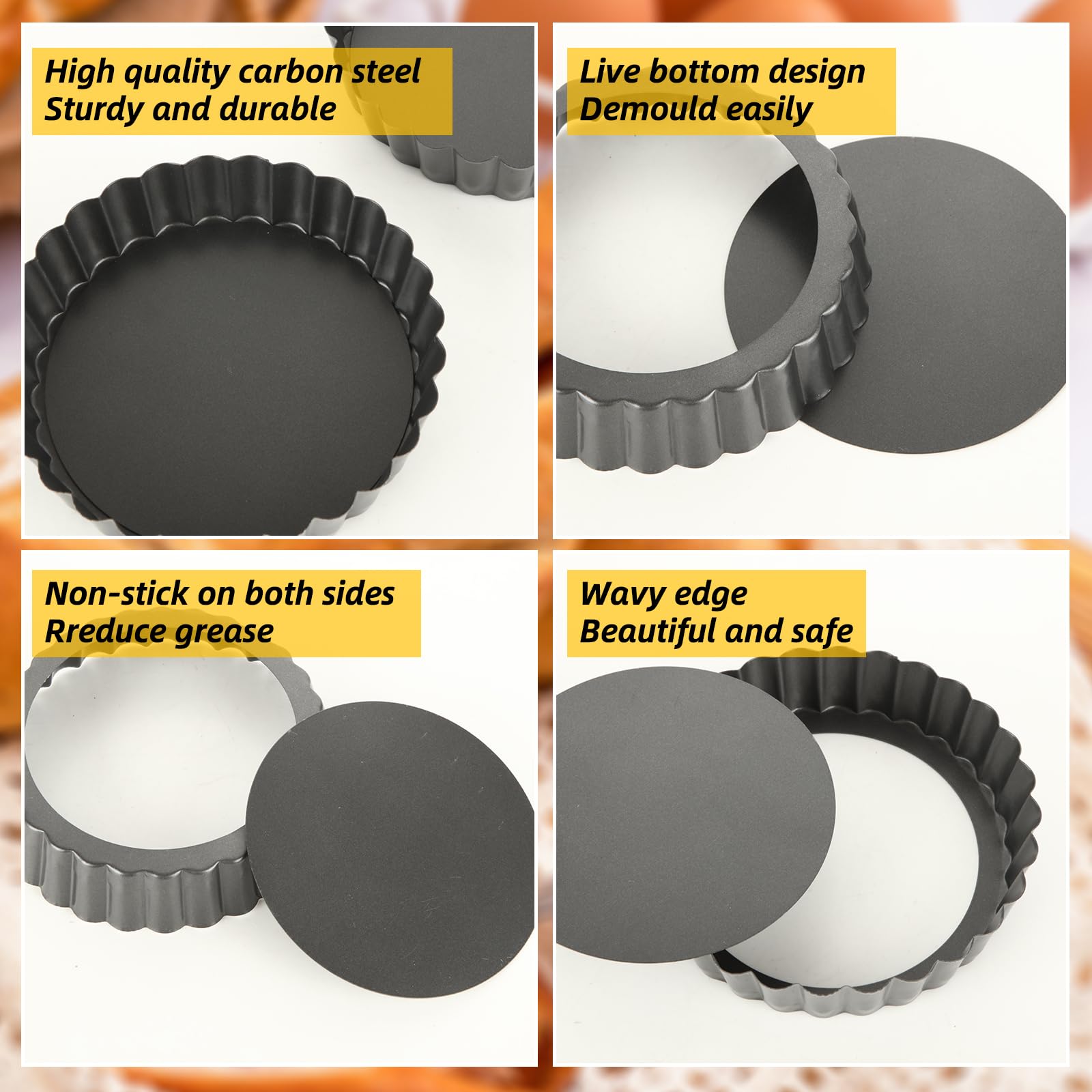 12 Unidades Molde Quiche Pequeño 12cm con Base Desmontable Moldes Tartaletas Individuales de Acero al Carbono Antiadherente molde tartaleta para Hornear Mini Tartas y Quiches