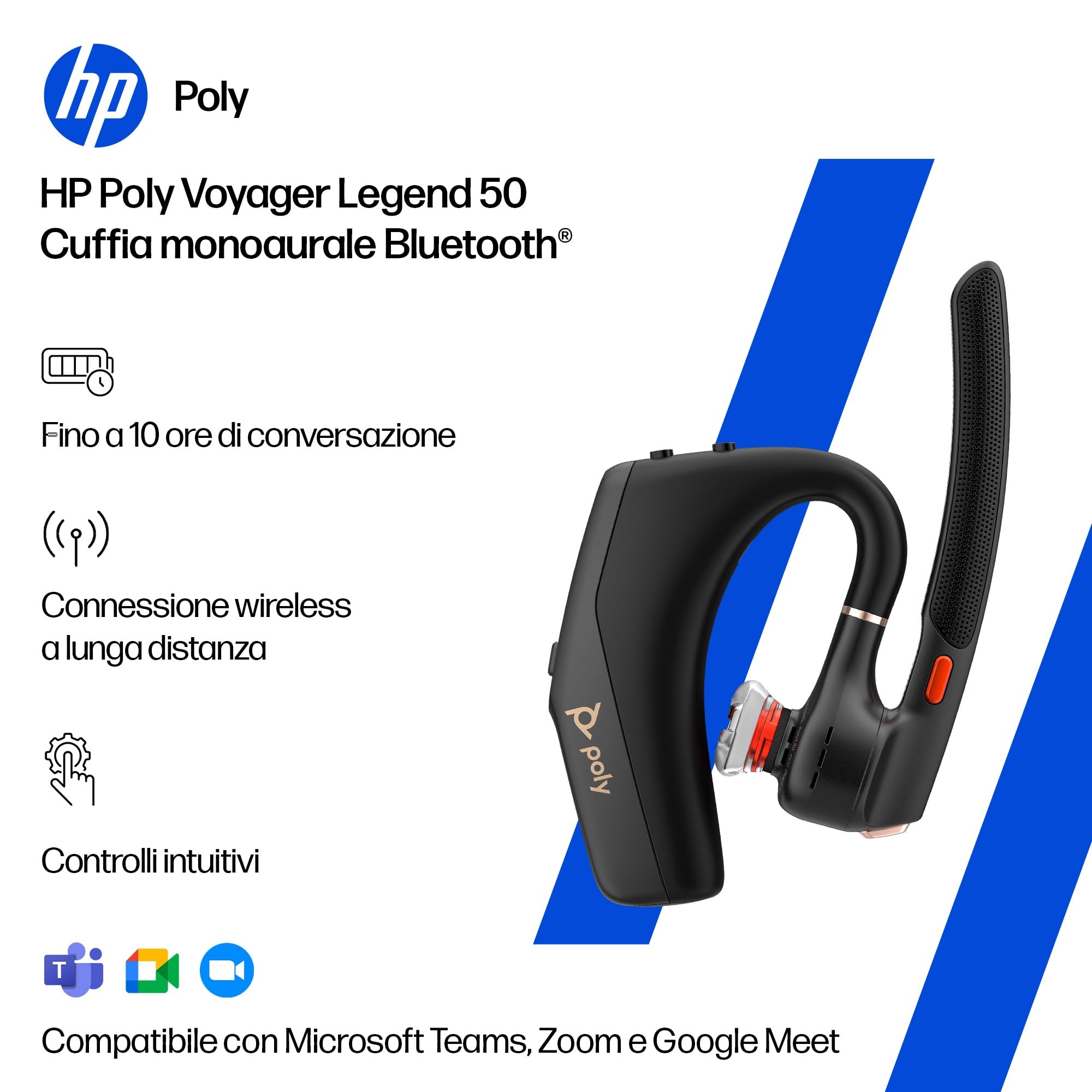 Poly Voyager Legend 50 Headset AV4N9AA con microfoni a cancellazione del rumore, tecnologia WindSmart e design ergonomico