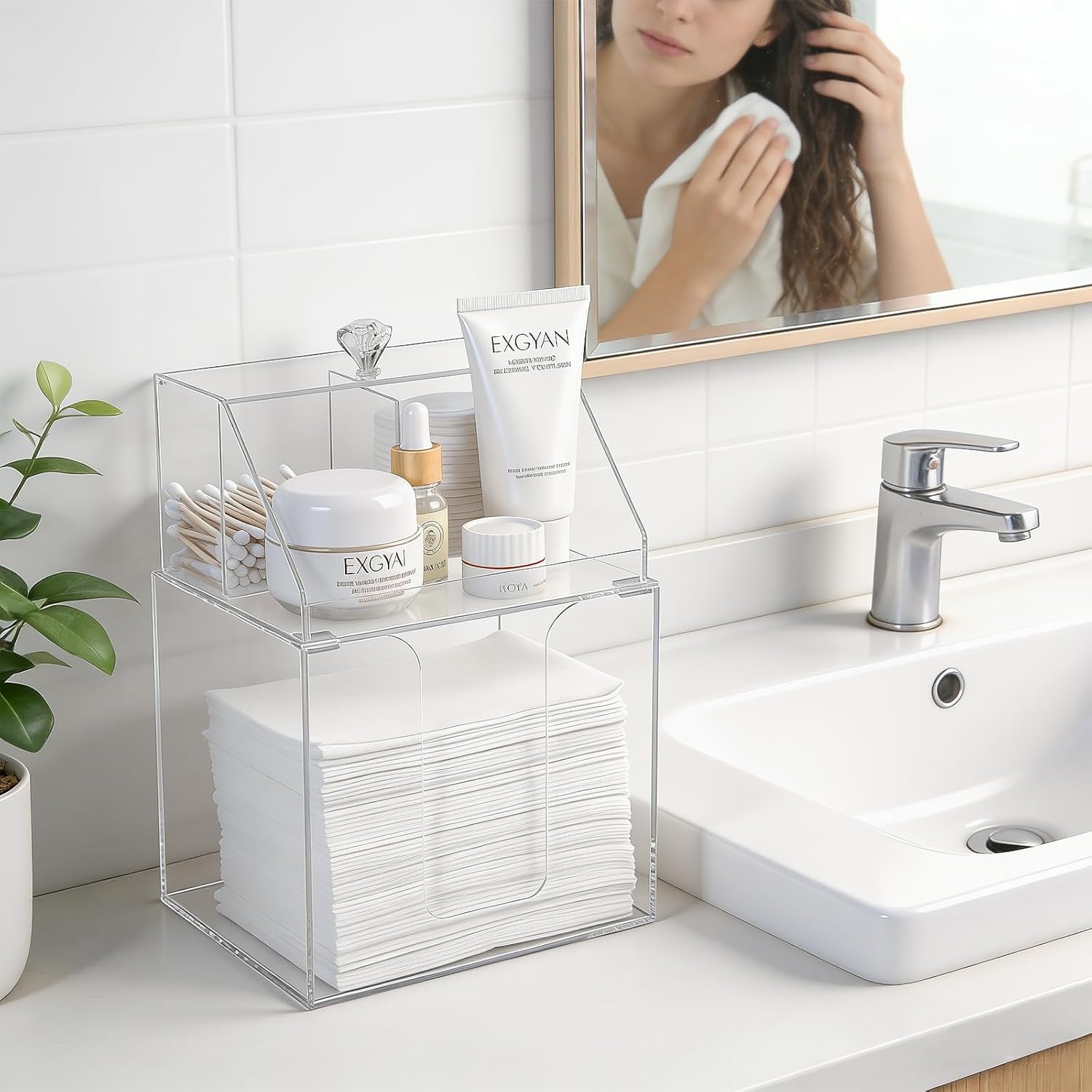 Anyoifax Disposable Facial Towels Storage Compatible with Clean Skin Club Clean Towel XL Double Layer Acrylic Box Cotton Pads Container Qtip Bin Face Towelettes Holder for Bathroom Counter, Clear