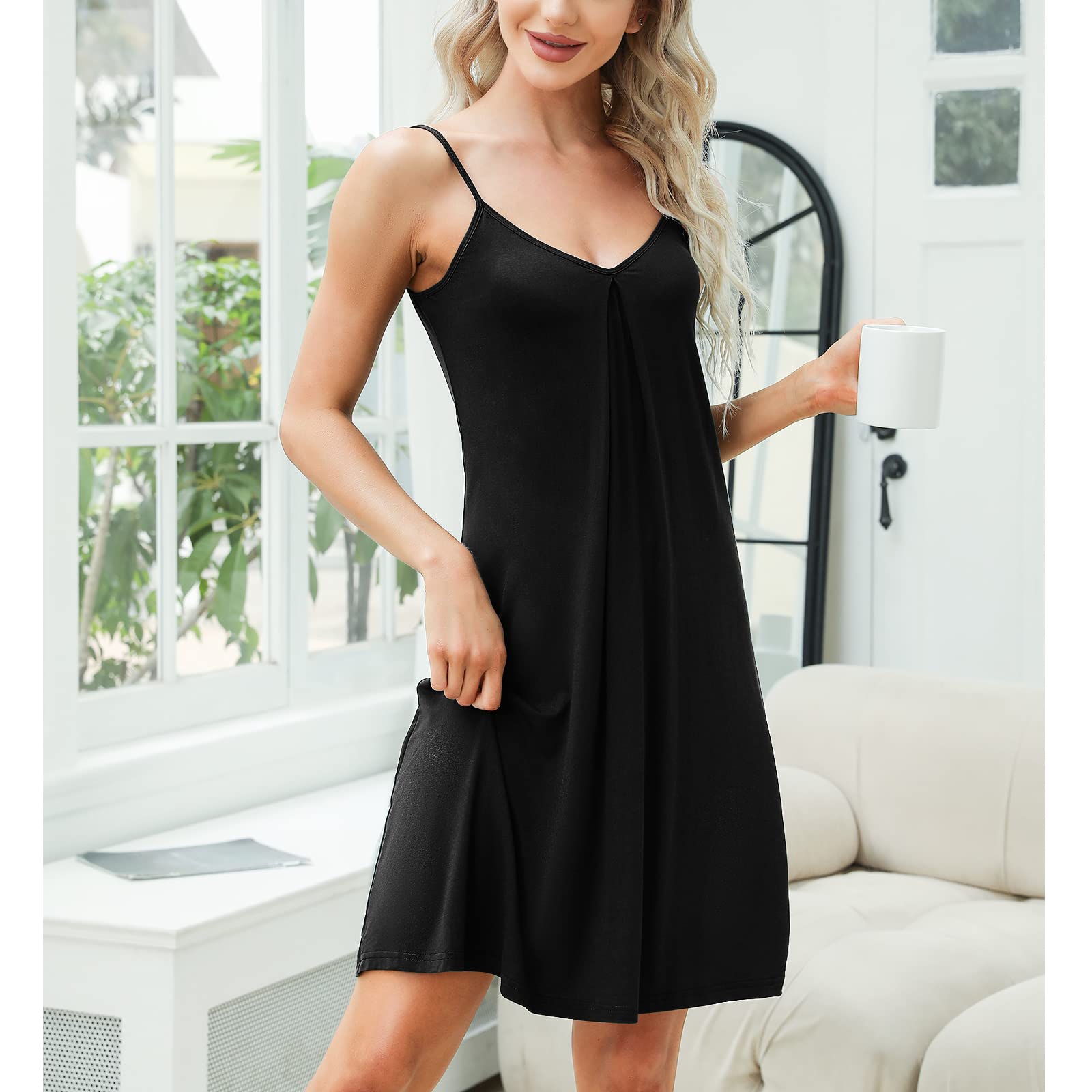 koszula jedwabna nocna satynowa sukienka wsuwana bielizna nocna seksowna dekoltem w serek plus size babydoll mini negligee, Czarny, M