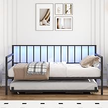 Twin Daybed with Trundle and LED Lights & Charging Station, Height Adjustable Metal Sofa Bed Frame for Bedroom Guest Room, No Box Spring Needed, Heavy Duty Support 350lbs Black