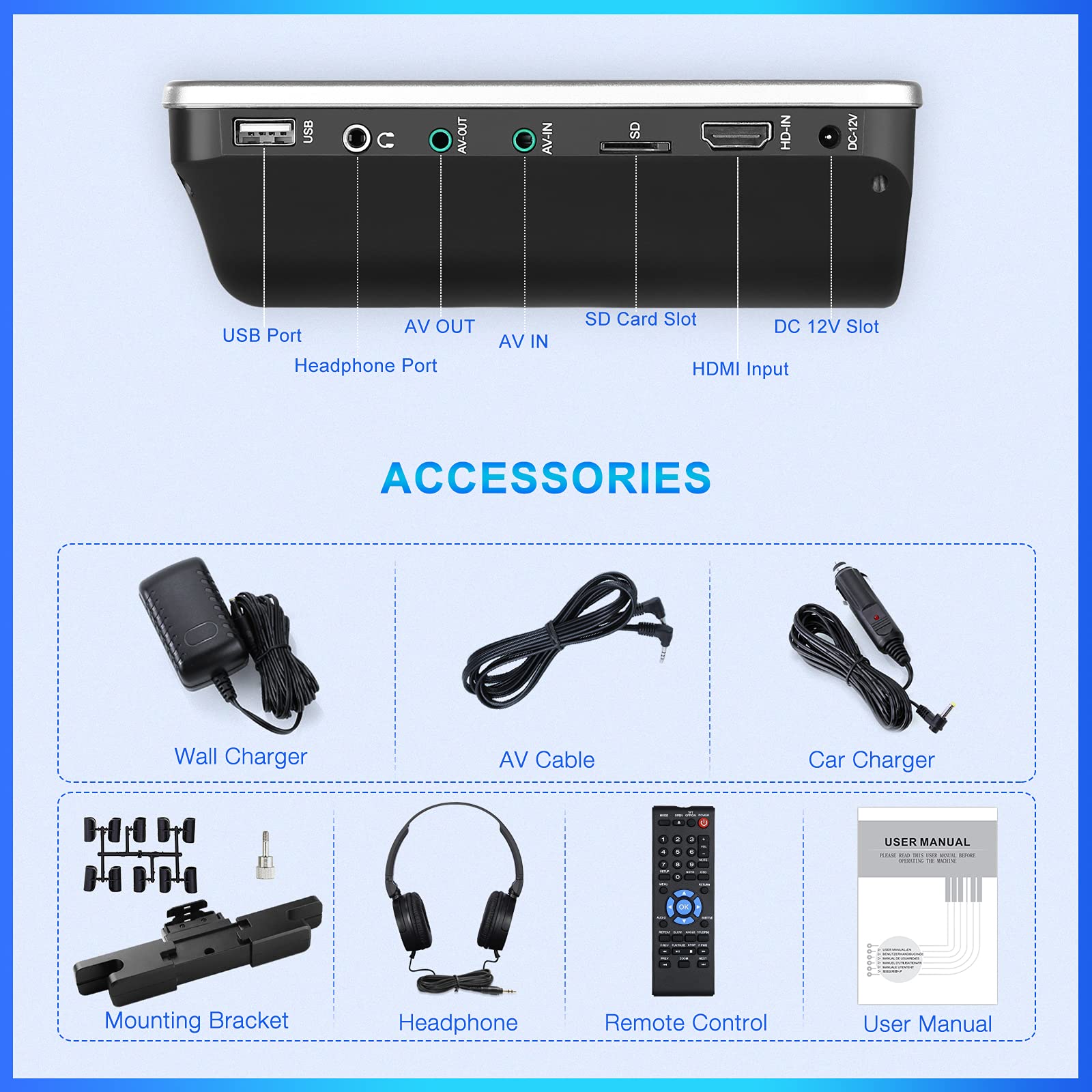 NAVISKAUTO 10.1 Zoll Auto DVD Player 2 Monitore Kopfstütze 5000 mAh Akku, DVD-Player Auto Tragbarer DVD Player USB bis 128GB