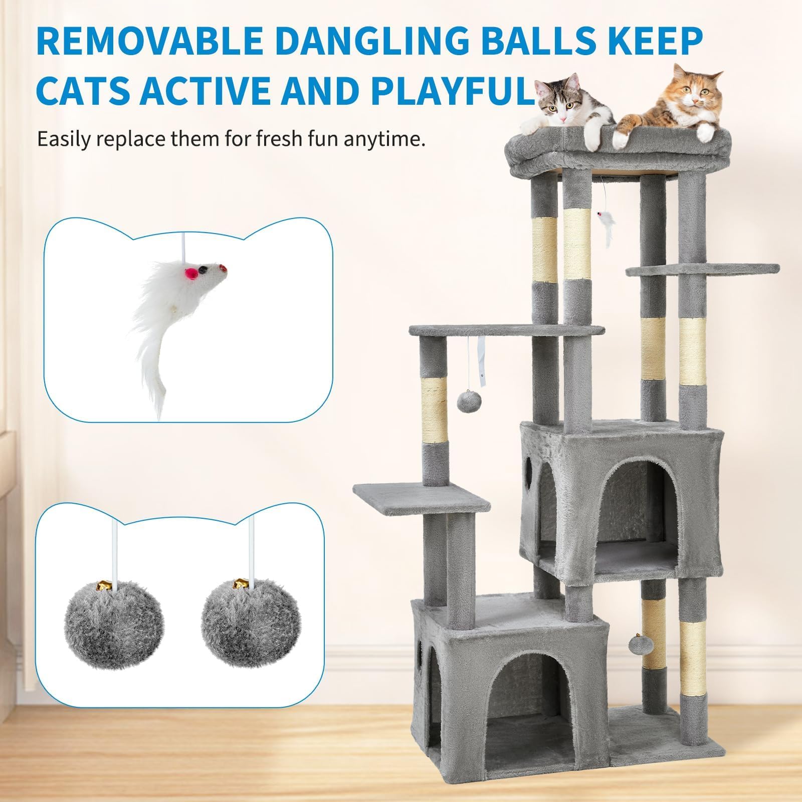 Árbol rascador de 156 cm, torre de escalada de varios pisos con 2 grandes cuevas para gatos, gran espacio de descanso superior, bolas de peluche extraíbles y kit antipuntas, área de actividad estable