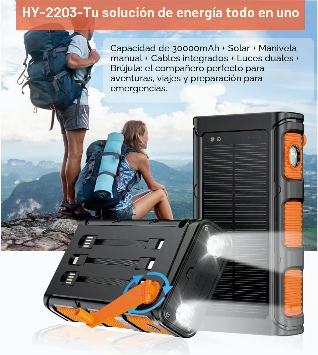 Banco de energía Solar 30000 mAh, Carga Rápida Batería Externa Inalámbrica con 3 Cables de Carga Integrados para Teléfono Tabletas