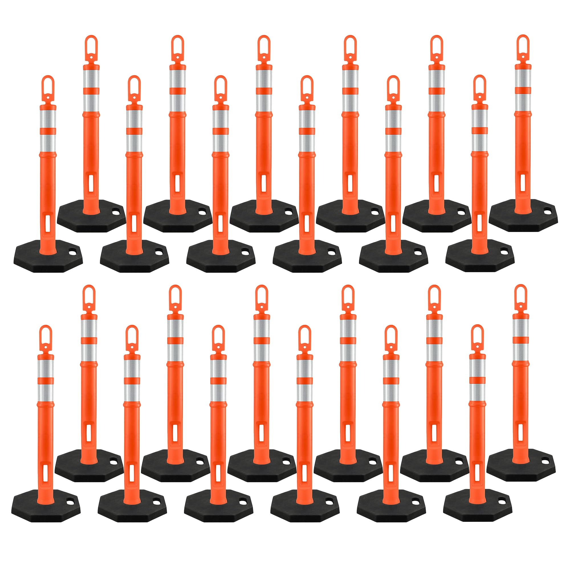 Xpose Safety 45" Orange Delineator Posts with Base, 24-Pack | Ring Top, 10" Reflective Band, 13 lb Rubber Base – Traffic, Parking, Construction,
