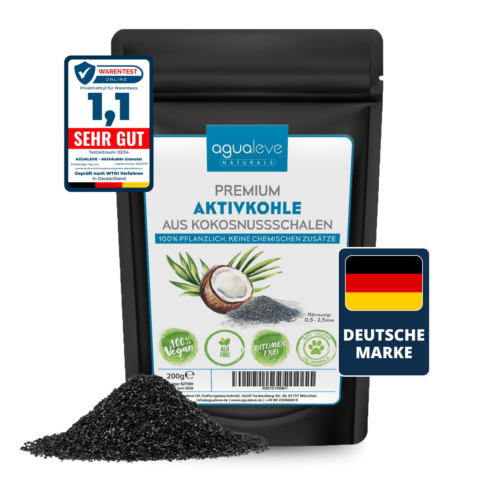 AGUALEVE® Premium Aktivkohle Granulat 200g aus Kokosnussschalen - Die Nr. 1 - Pflanzen, Katzenklo, Aquarium, & Co. - 100% natürlich, frei von chemischen Zusätzen und Bitumen - Körnung: 0,5-2,5mm