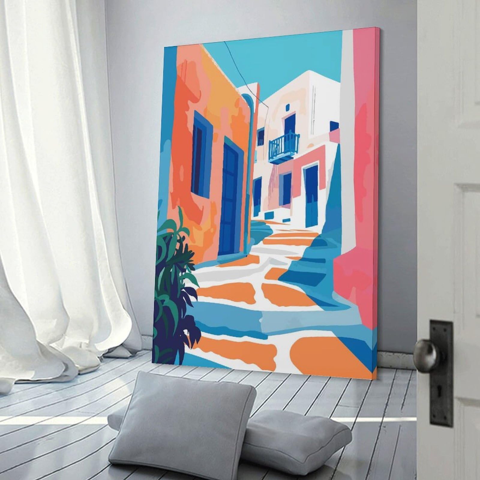 Junmoney Hanging Wall Art Mykonos Greece Abstract, 24x36inch(60x90cm), for Work Areas, Reading Rooms Or Studios, Wall Art That Adds Style to Work Areas