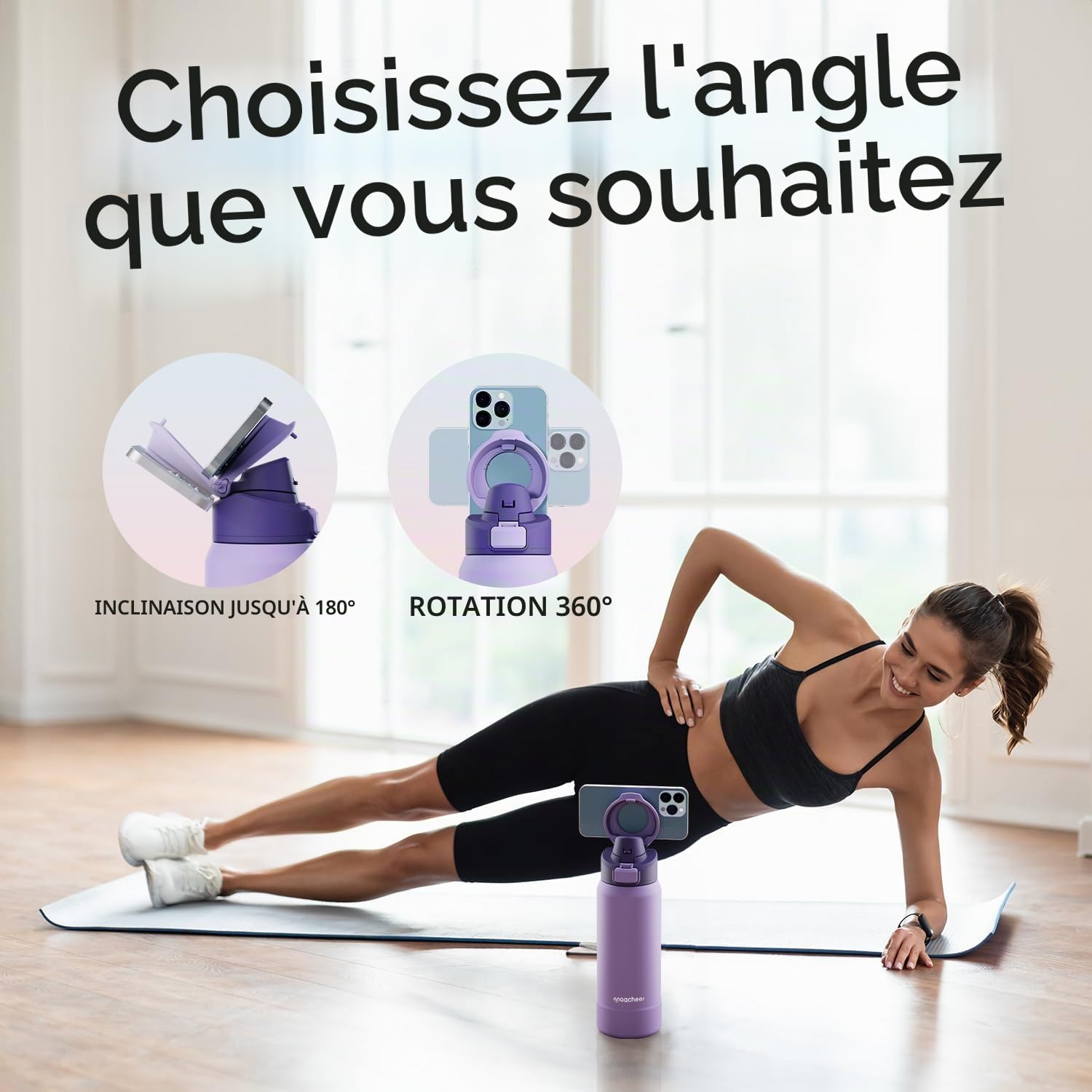 Magcheer Gourde Magnétique avec Support pour Téléphone Compatible MagSafe | Trépied Gourde à Angle Réglable | Bouteille Isotherme pour Voyages Fitness Selfies 1L(Violet)