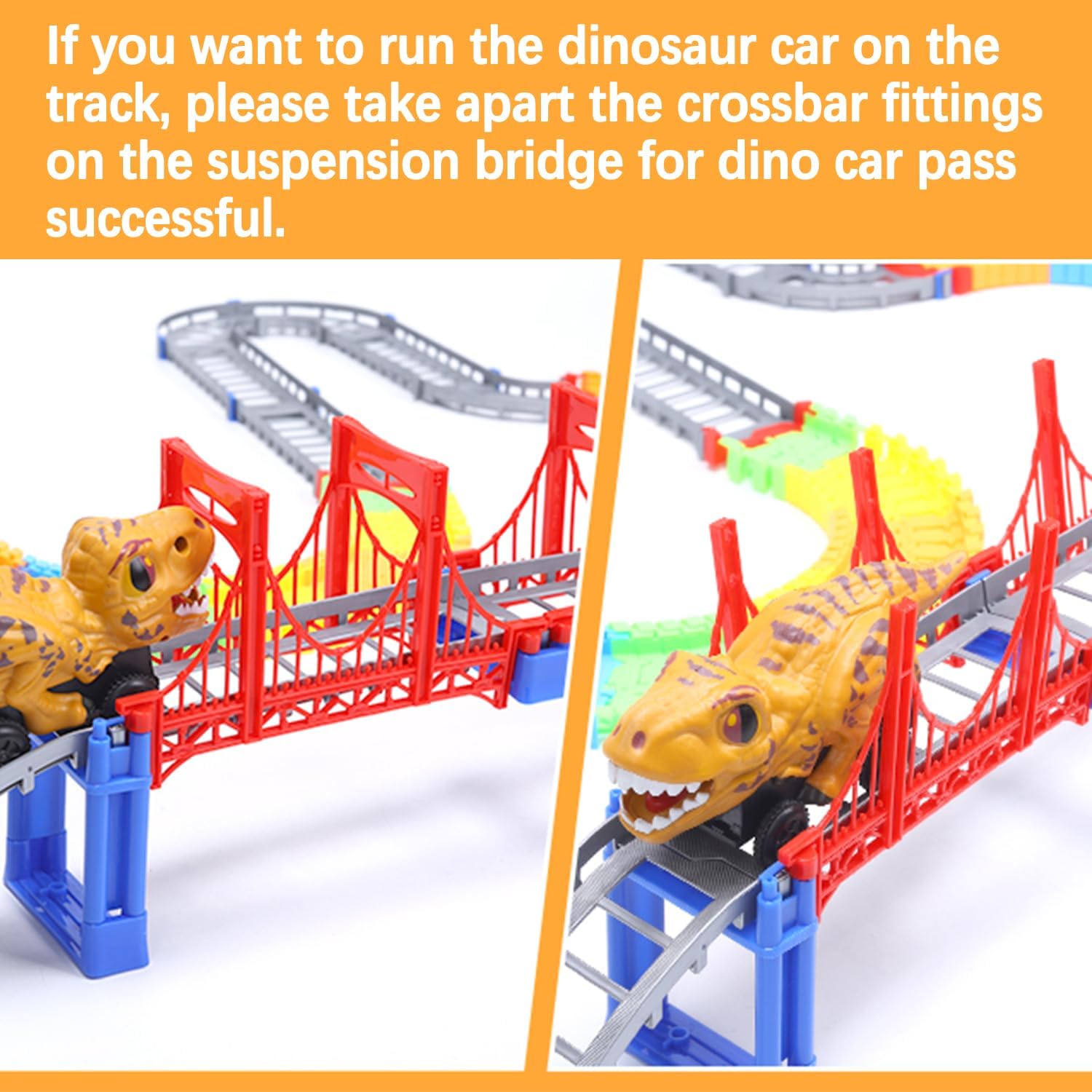 Two images showing a dinosaur car on a red bridge. The left image shows the car approaching the bridge, and the right image shows the car successfully passing through the bridge after adjusting crossbar fittings.