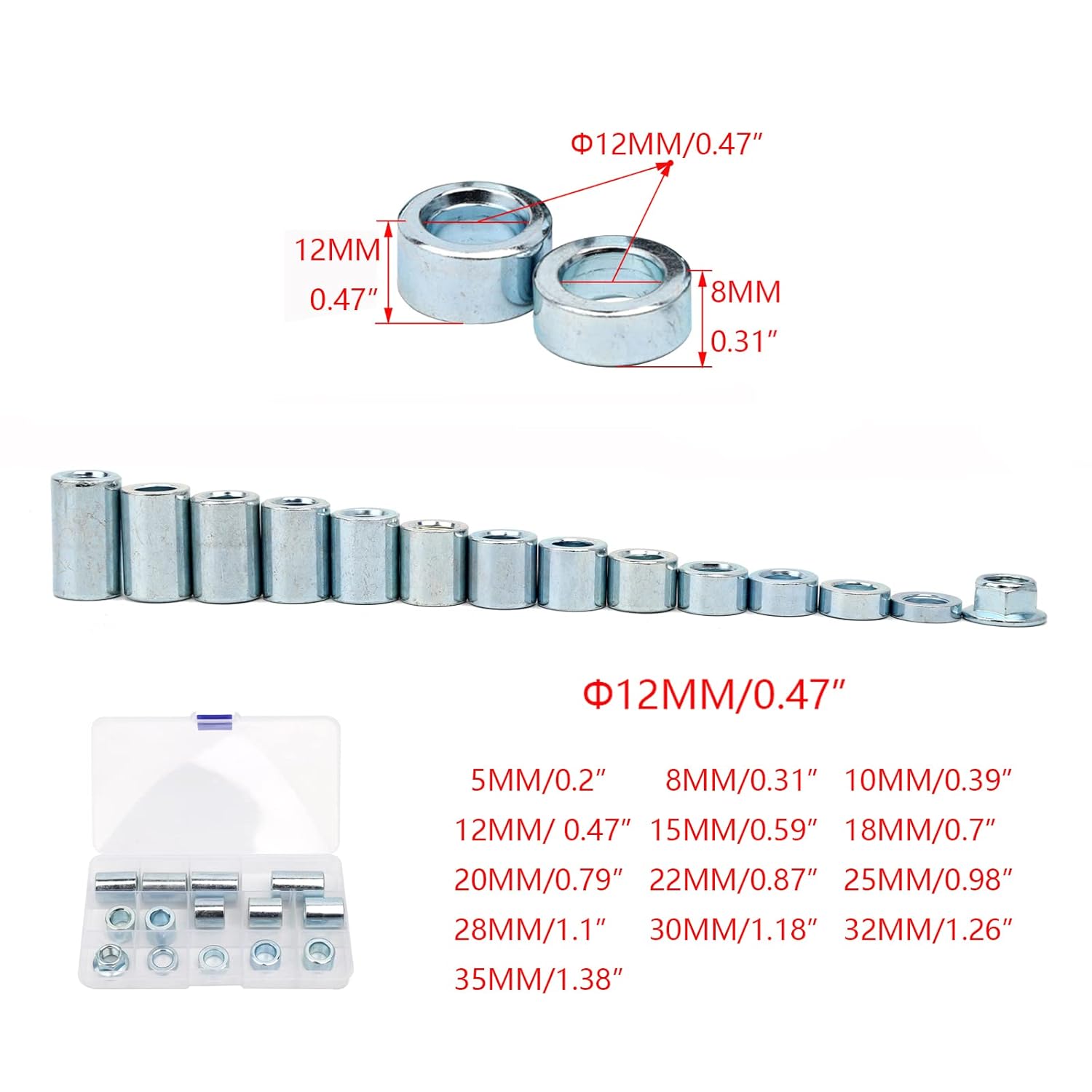 Minho 13Pcs M12 Industrial Steel Spacer Sleeve Bushings Fit for 12mm Classic axle,1/2" ID x 3/4" OD,Silver Color