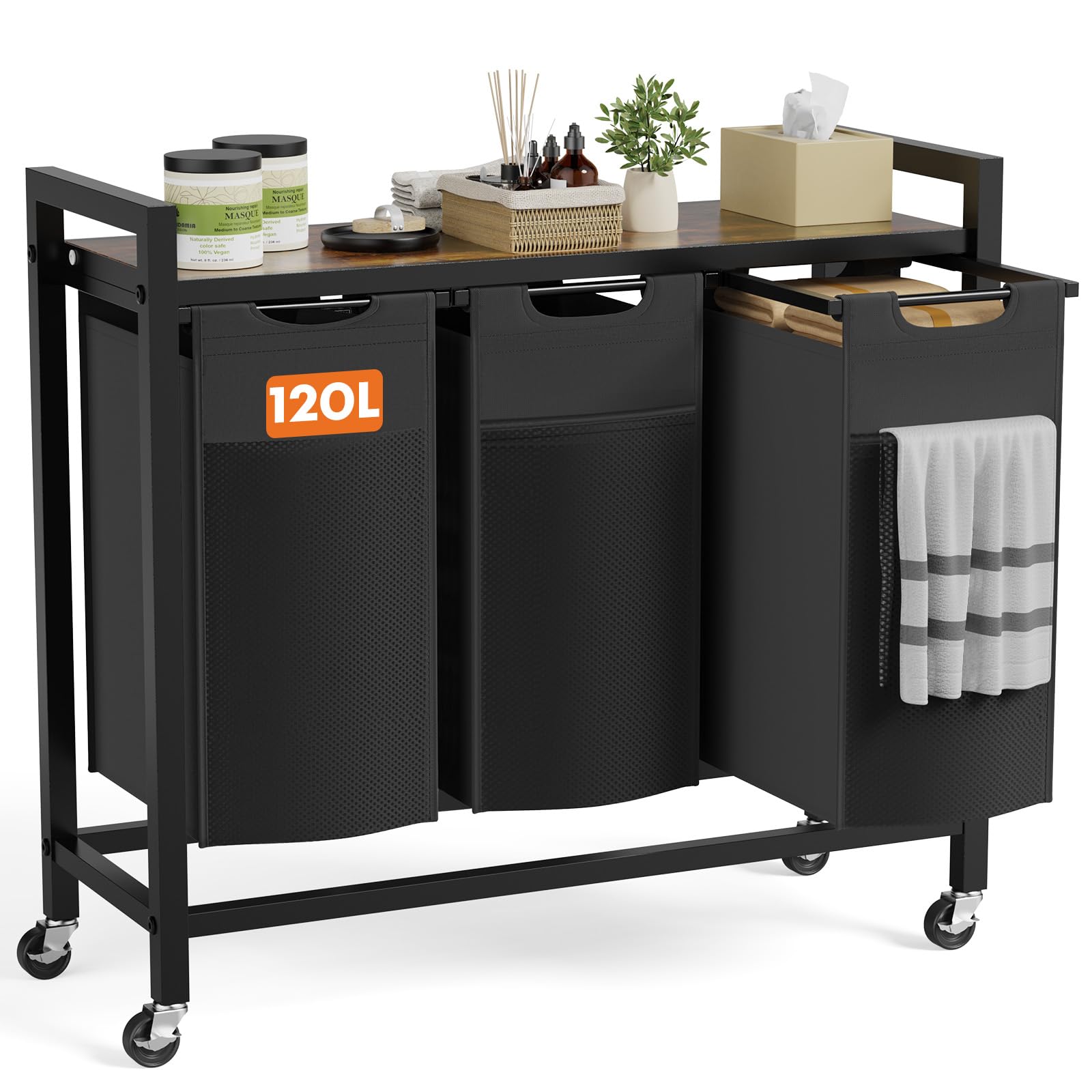 DUMOS Laundry Hamper with 3 Pull-Out Removable Sorter Bags, Movable Wheels, Freestanding Clothes Basket Organizer in Bathroom, 3 × 10.6 Gal (120L)