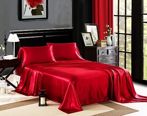 Miniatura 3 de Juego de sábanas de satén de seda con bolsillo profundo de 19 pulgadas  Juego de sábanas de 4 piezas  Juego de sábanas planas y fundas de almohada