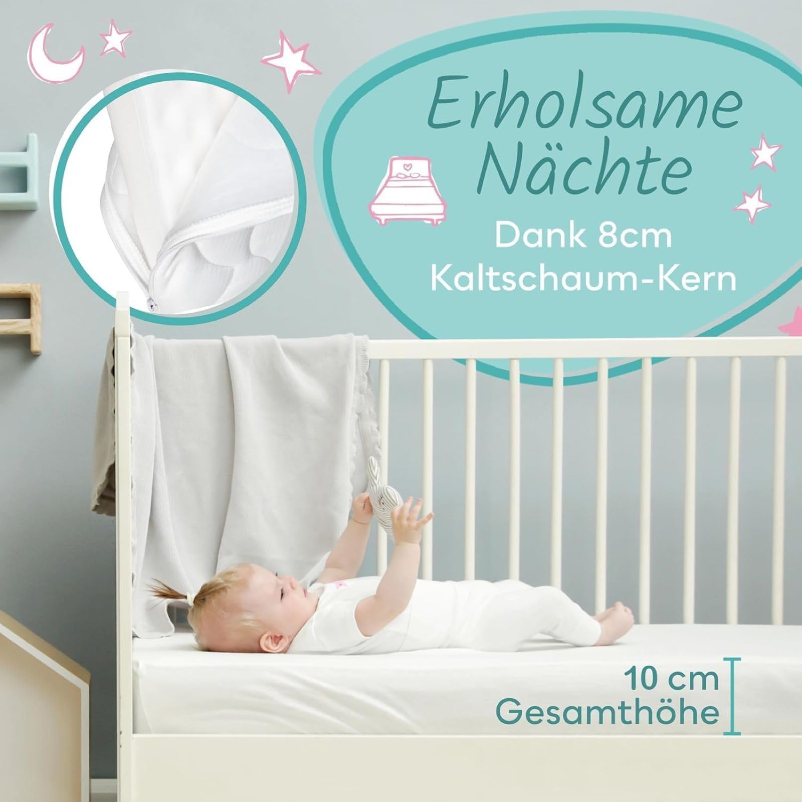 Sun Garden Babymatratze, Kindermatratze 60x120 cm mit Trittkante, Oeko Tex 100 Zertifiziert, Baby Matratze für Babybett, Kinderbett oder Reisebett, Bezug bis 60°C Grad waschbar