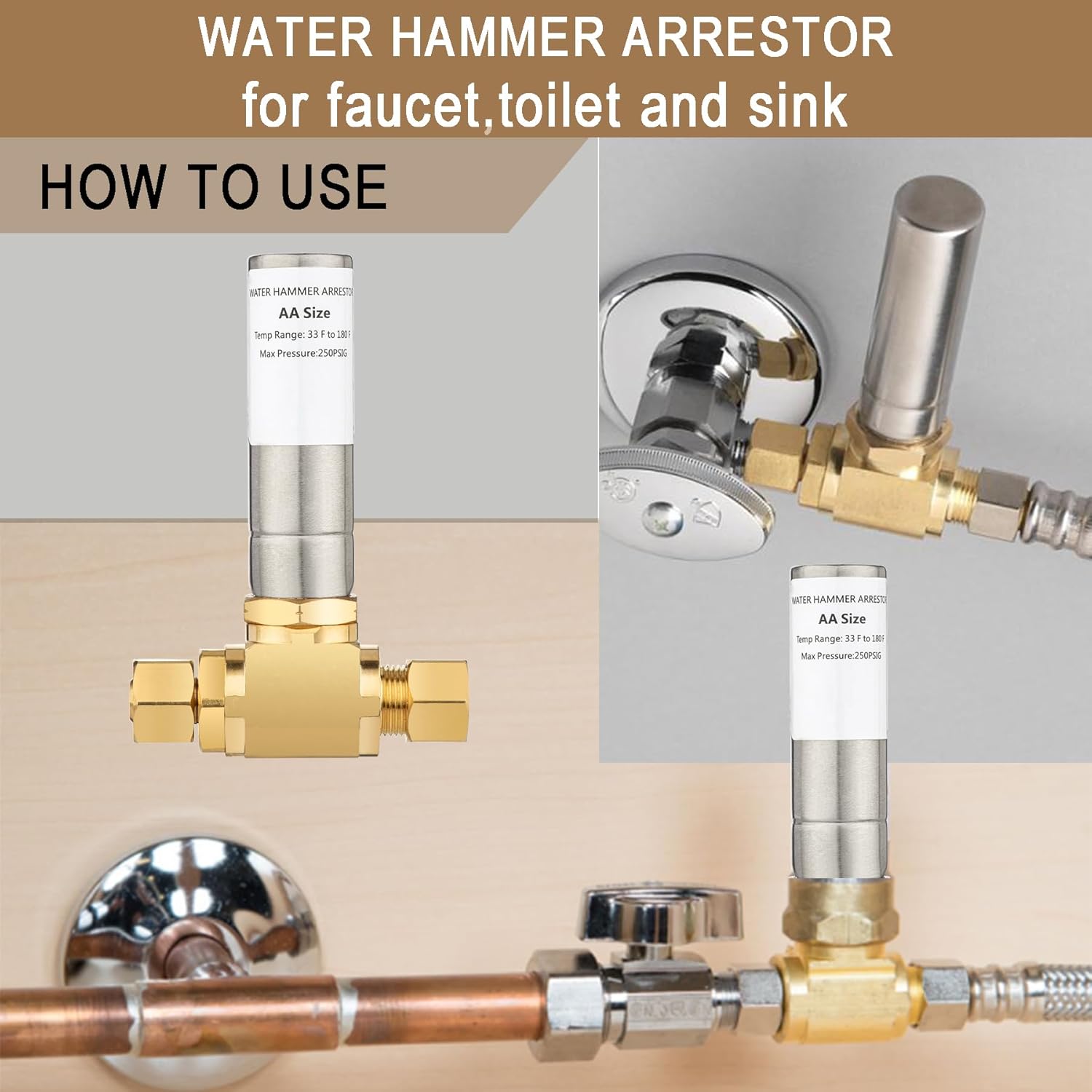 [2 Pieces] Lingmfg Sink Toliet Water Hammer Arrestor 3/8 Inch Male Compression and 3/8 Inch Female Compression Reduce Banging Noise LING-FWHA38-SS-2