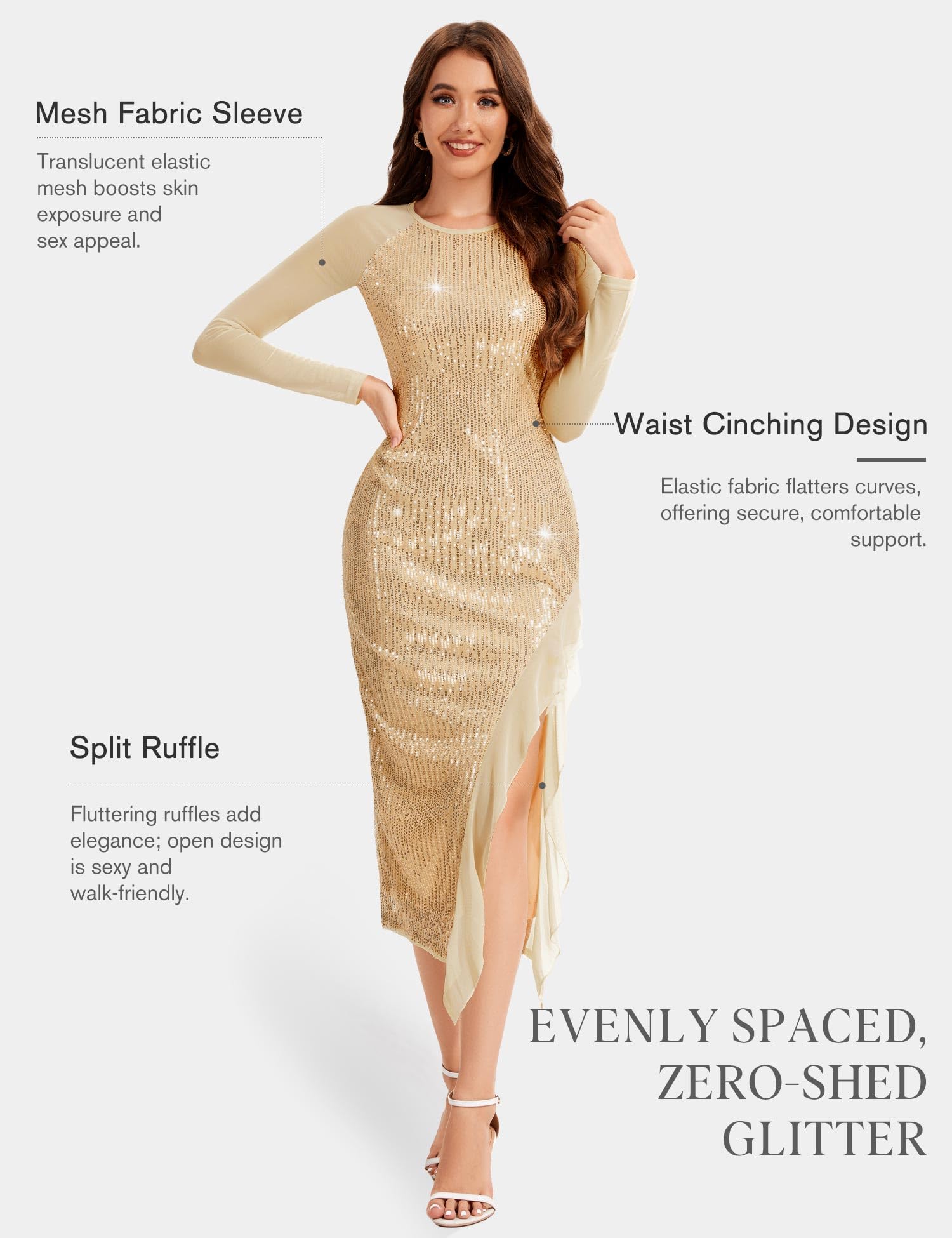 Aupuls Vestido brillante de fiesta de bienvenida con mangas para mujer, vestido formal de lentejuelas para invitados de boda con abertura para fiesta de noche