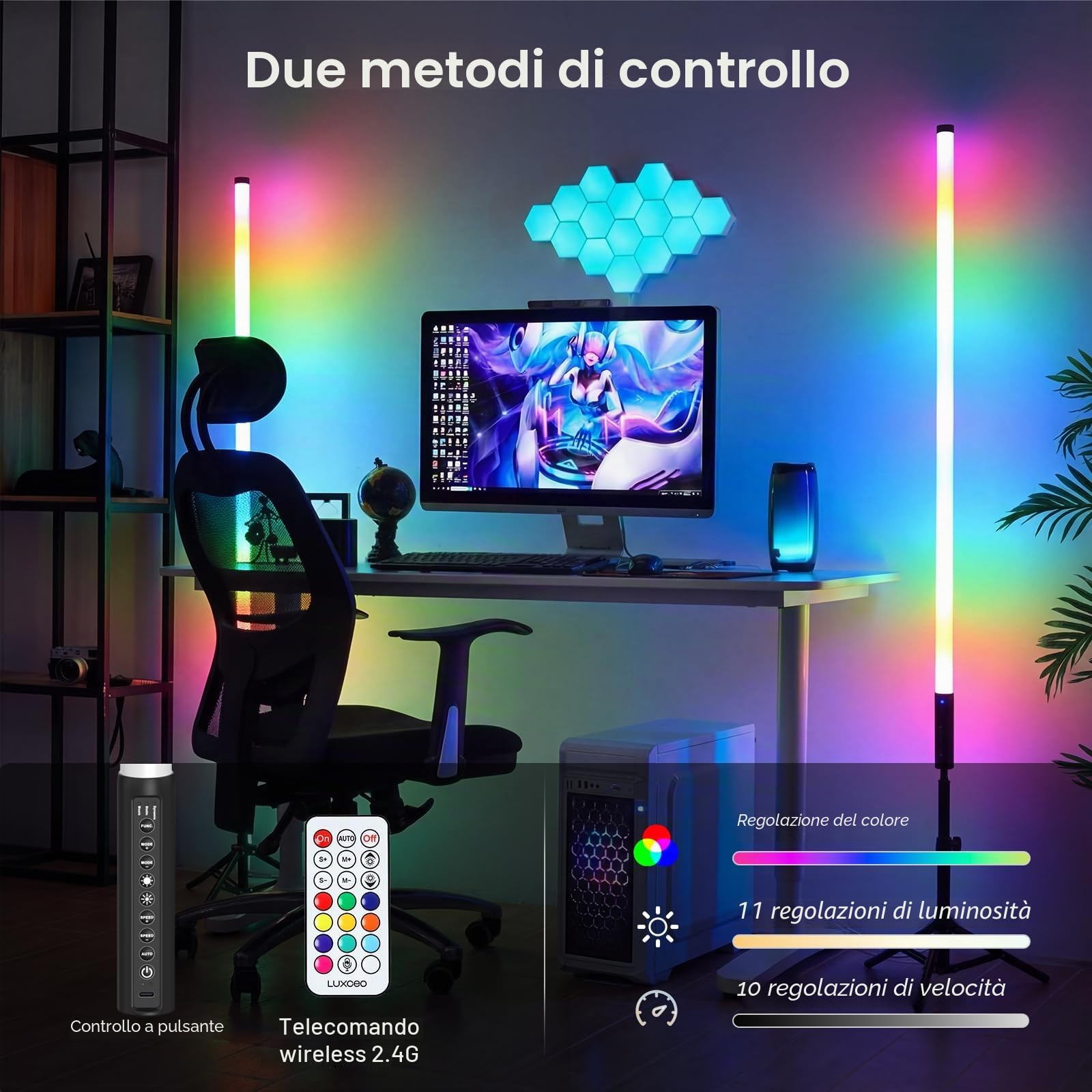 Luce video LED Mood1Pro da 2 pezzi da 120 cm con treppiede, luce fotografica portatile a LED, batteria da 5000 mAh e modalità musica, lampada fotografica RGB per YouTube,TikTok, feste,bar, fotografica