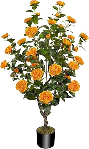 Miniatura 1 de MHMJON Árbol artificial de 45 pulgadas3.7 pies con flores de camelia con 32 flores florecientes, árbol naranja para primavera, hogar, puerta